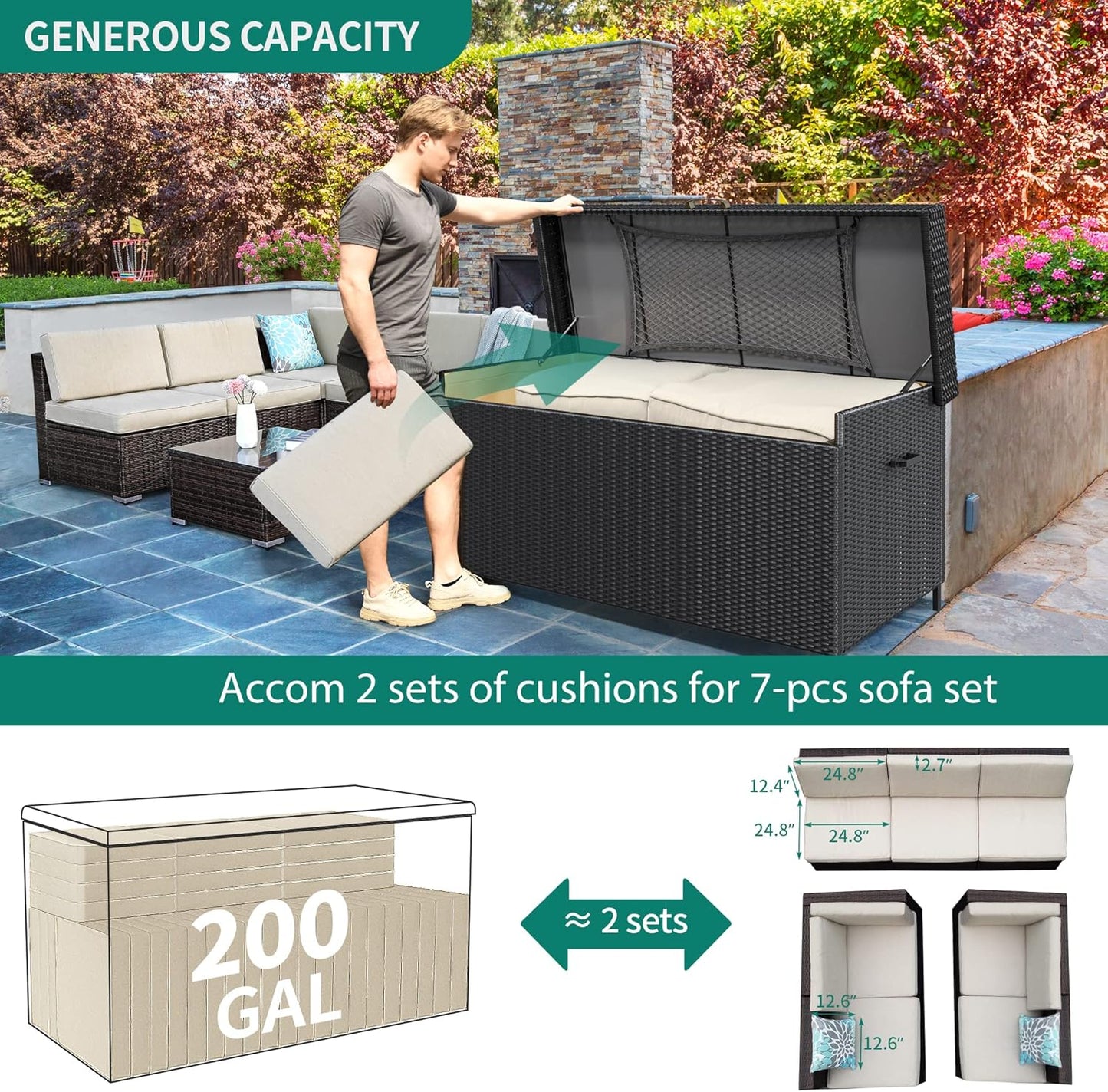 YITAHOME 200 Gallon Large Wicker Deck Box w/Storage Net, Rattan XL Outdoor Storage Box Patio Cushion Storage, Waterproof Storage Box for Patio Furniture, Garden Tools, Pool Sports Equipment (Black)