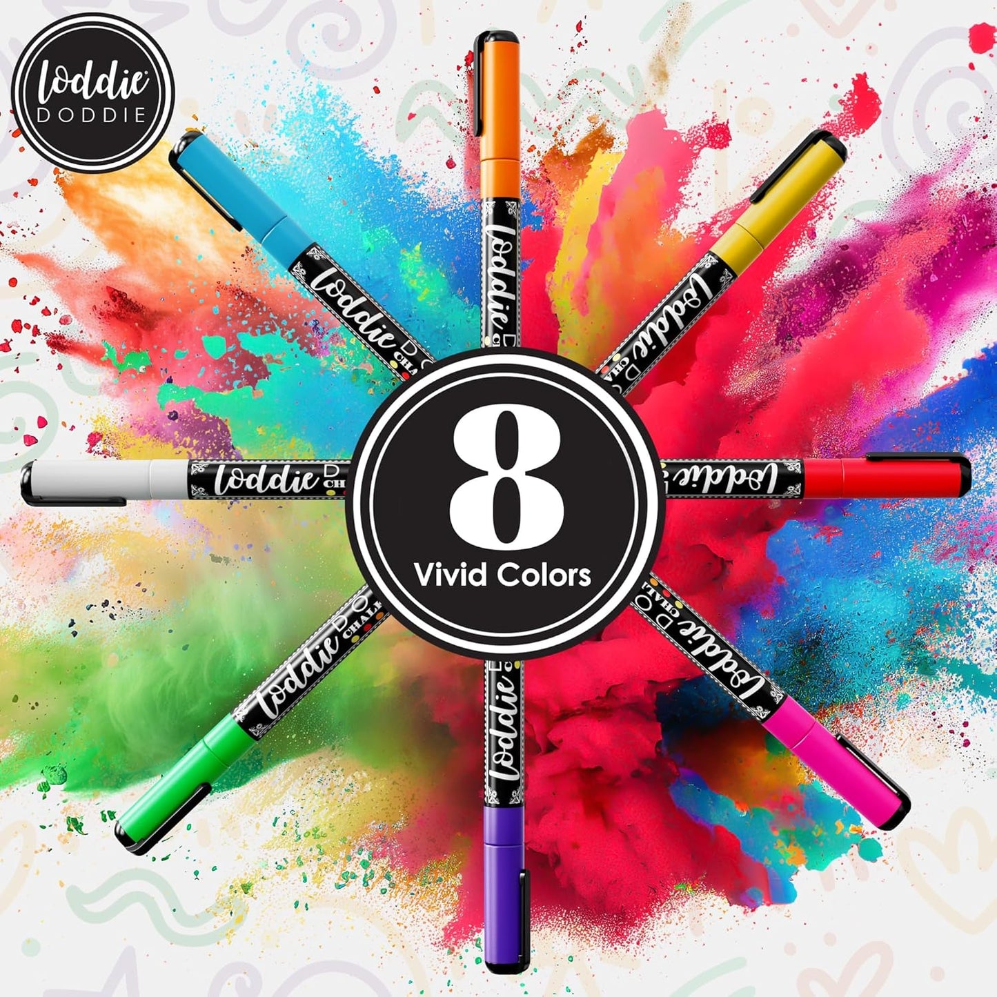 Loddie Doddie Fine Tip Liquid Chalk Markers - Pack of 8 1mm Neon Colors - Erasable Low-Odor Dry Erase Chalk Markers for Chalkboard, Blackboard & Glass