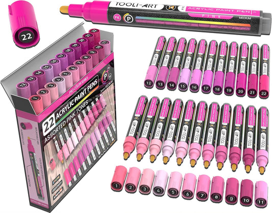 TOOLI-ART 22 Acrylic Paint Markers Paint Pens Pro Color Series Set 3mm Medium Tip for Rock Painting, Glass, Mugs, Wood, Metal, Glass Paint, Canvas, DIY. Non Toxic, Waterbased, Quick Drying (PINK)