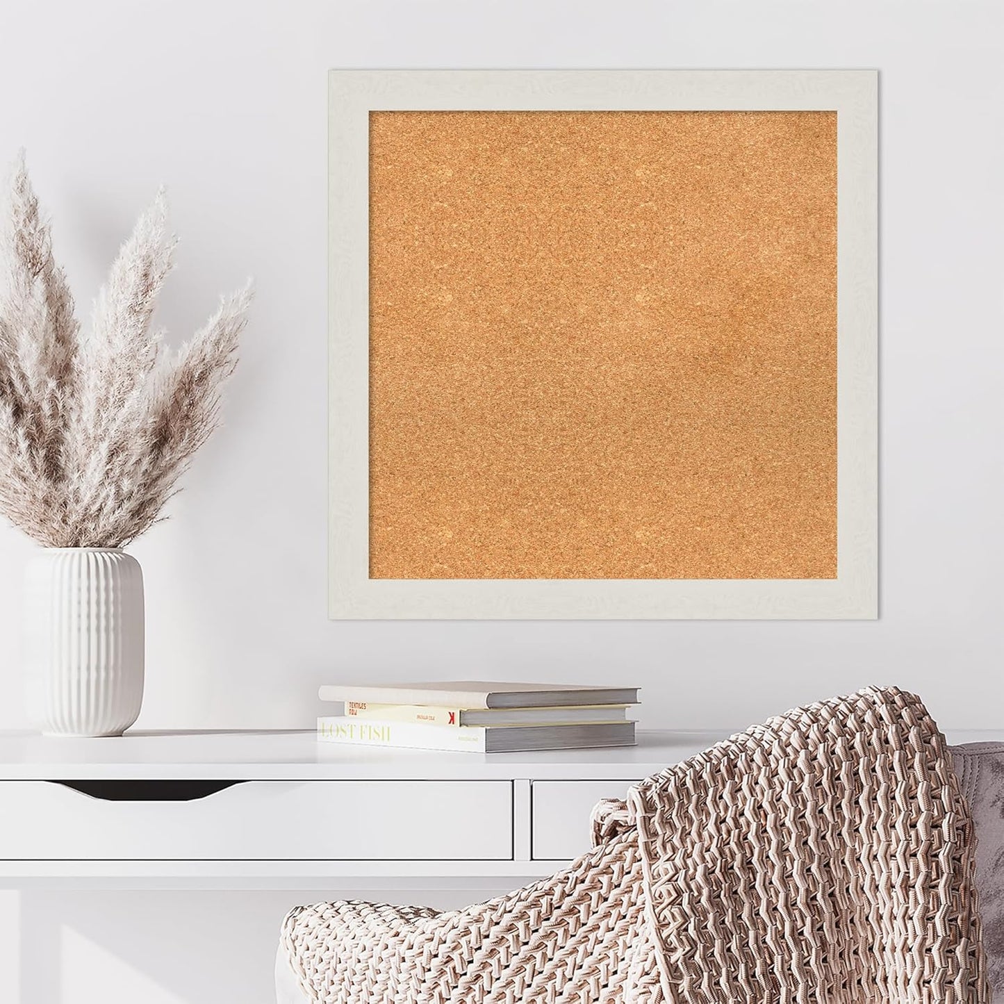 Amanti Art Natural Cork Board for Wall, 27x27 Vision Board with White Frame, Medium Corkboard Office Decor for Home Organization, Country Rustic Corkboard Pinboard to Display Items for Home