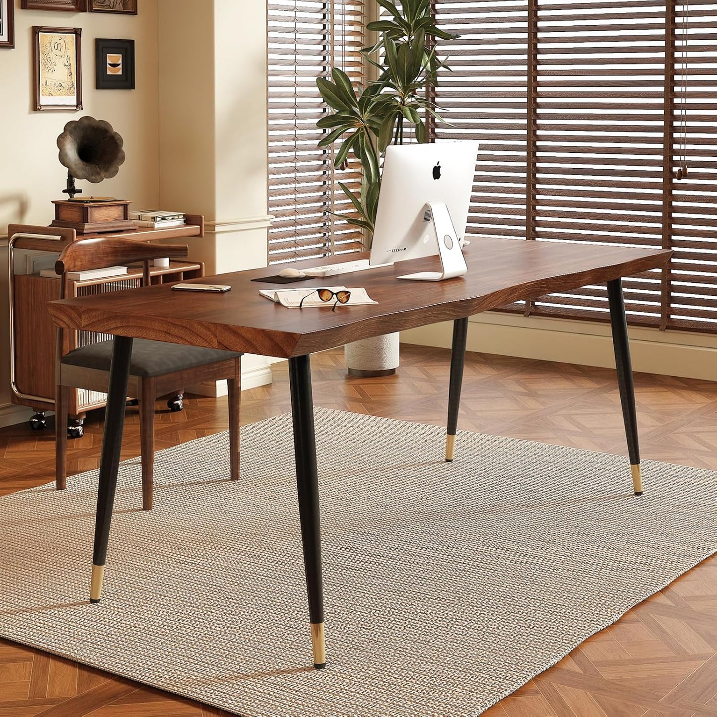 Solid Wood Desk 55 inches, Home Office Computer Desk Wooden Rustic Writing Desk Metal Modern Simple Design Executive Real Wood Desk(Walnut)