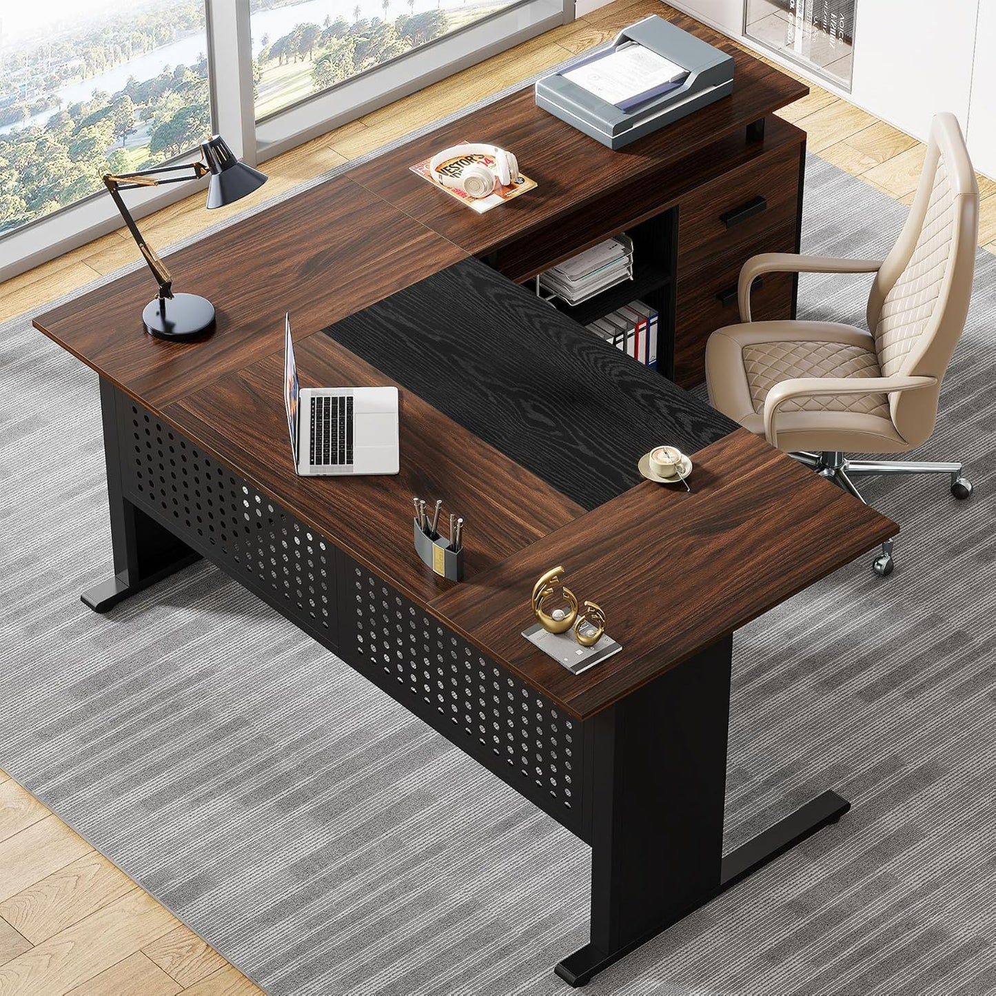 Tribesigns 63 Inch Executive Desk with File Cabinet, Large Office Desk L Shaped Computer Desk with Drawers and Storage Shelves, Business Furniture Desk for Home Office, Dark Walnut and Black