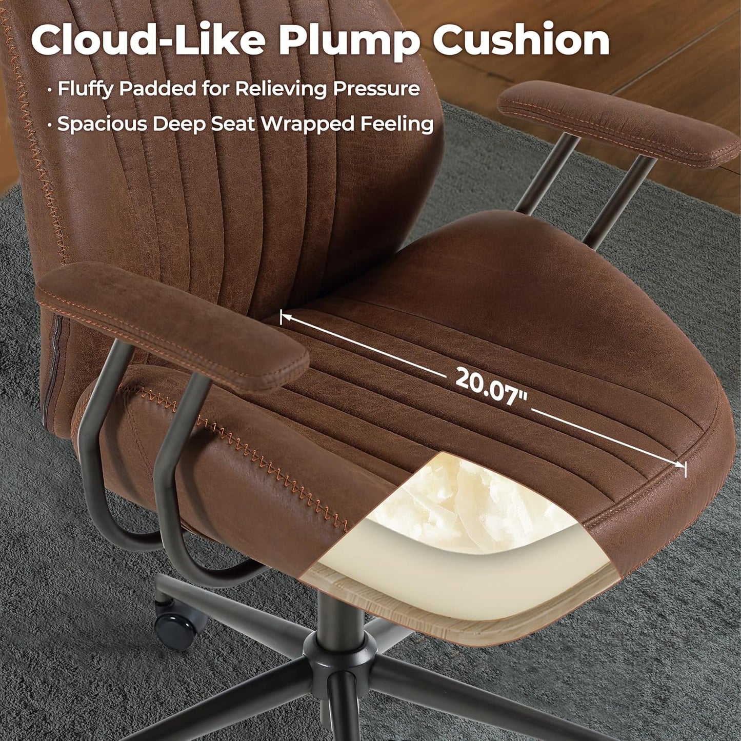 ovios Ergonomic Home Office Chair, Mid-Century Modern Faux Leather Chairs with Padded Armrests, Comfy High Back Swivel Rolling Executive Computer Armchair (Dark Brown, Suede Leather)