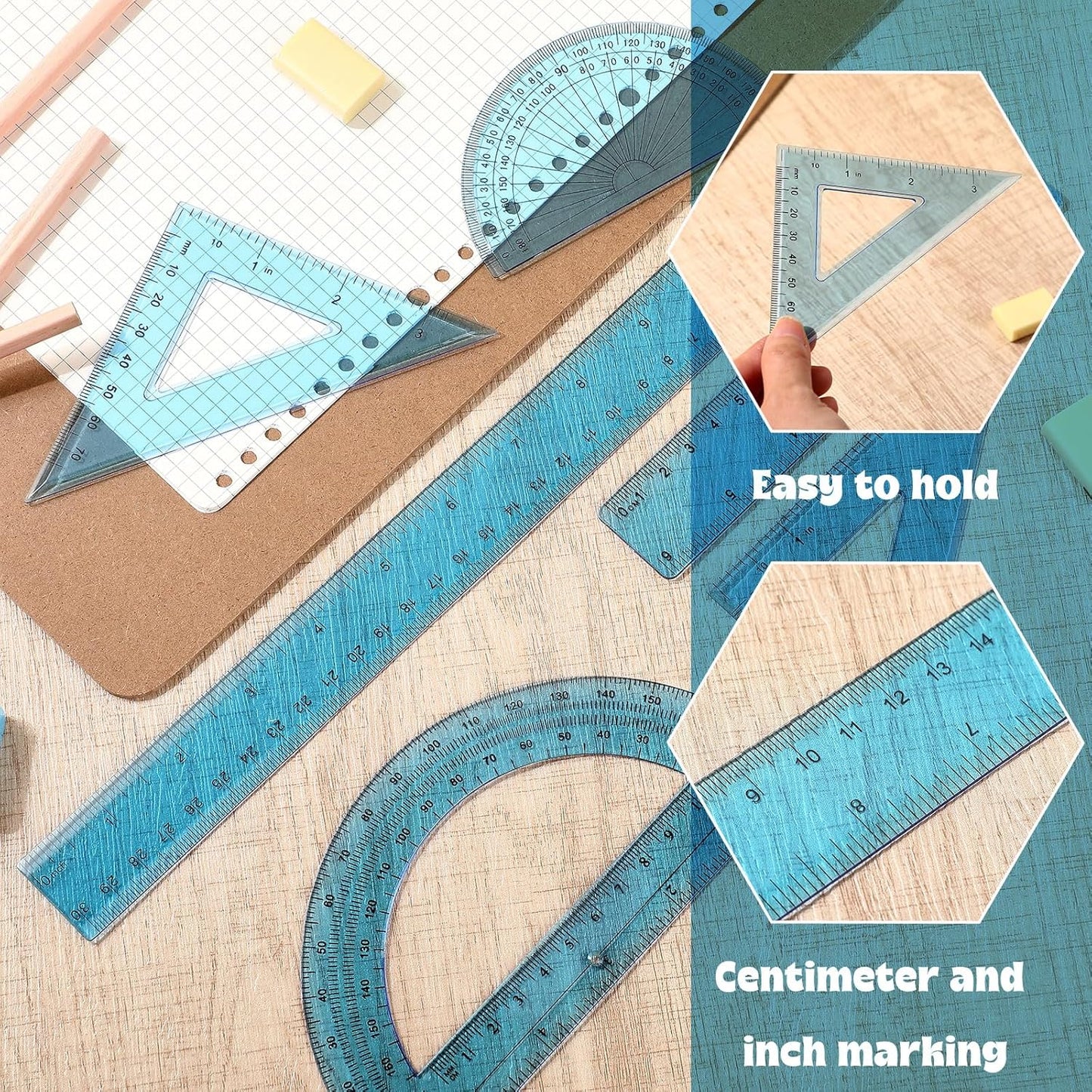 Tenare 1 Set Plastic Clear Math Set Includes Protractor Triangle Rulers 12 Inch 6 Inch Straight Geometry Math Transparent Ruler Measuring Tool for School Office Home Supplies(Blue)