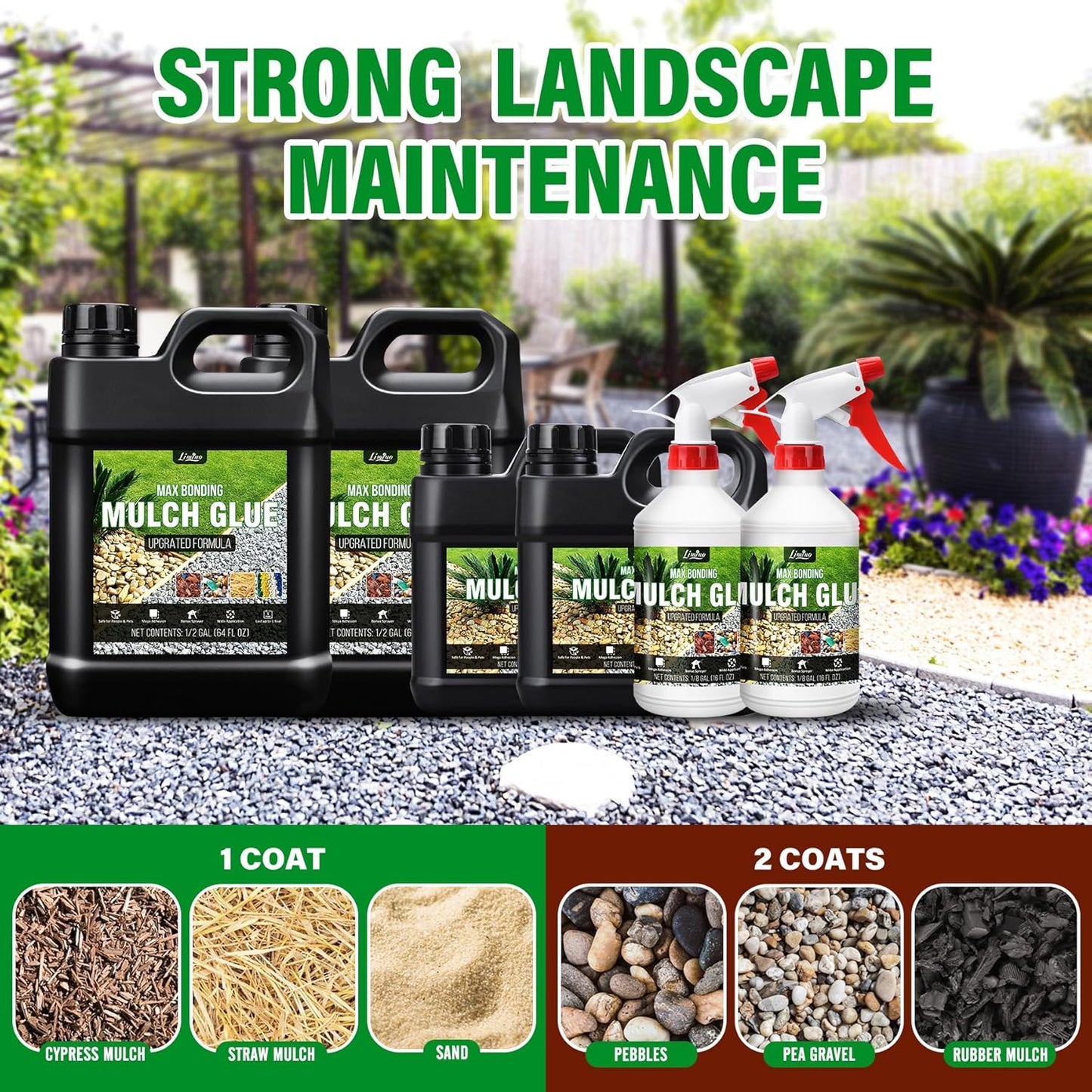 Mulch Glue - 128oz Concentrate Gravel Glue Strong Landscape Adhesive with Applicator for Landscaping, Garden - Safe Ready to Use Mulch Lock Gravel Stabilizer Glue for Pea Gravel, Rock, Leaf, Bark