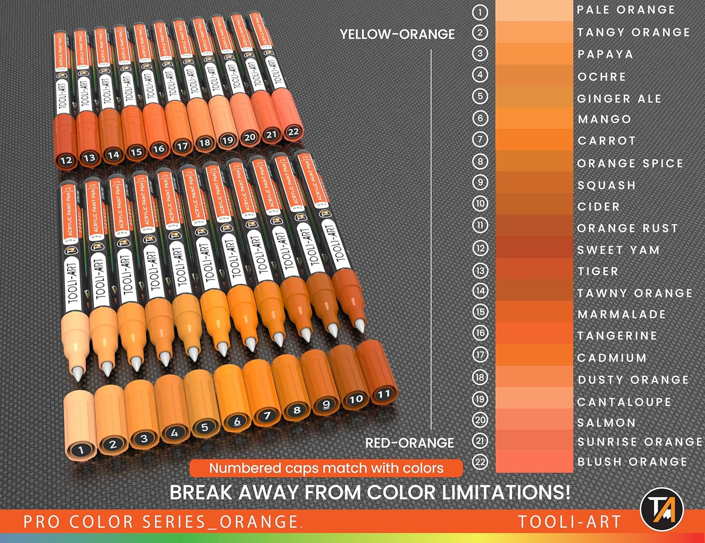 Acrylic Paint Pens 22 Orange Tones Assorted Pro Color Series Markers Set 0.7mm Extra Fine Tip for Rock Painting, Glass, Mugs, Wood, Metal, Canvas, Projects, Non Toxic, Waterbased, Quick Drying