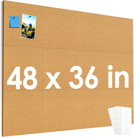 MaxGear Large Cork Board for Wall 48" x 36", 12 Pack Cork Board Tiles with 40 Pushpins & Safe Removable Adhesive Tabs, 12" x 12" Corkboards for Office, School & Home