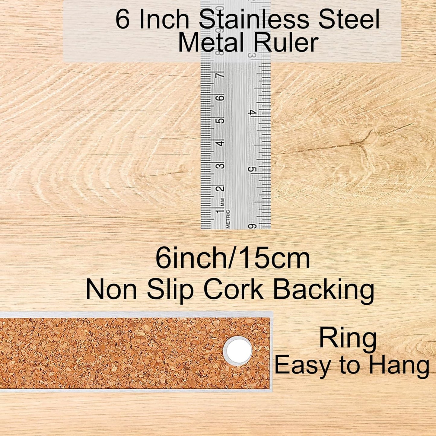 Metal Ruler 6 Inch:[2 Pieces 6 Inch] Non-Slip Cork Backing Rulers with Inch and Centimeters Prevent Ink Leakage:for School Office Drawing Engineering