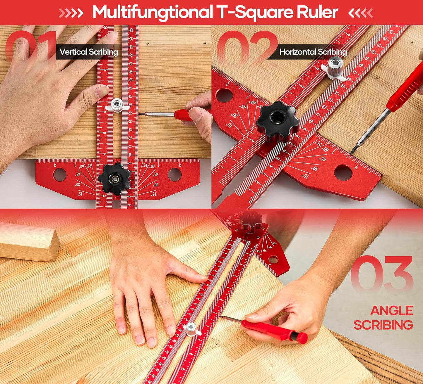 Saker Woodworking Scriber Marking Line Ruler, Adjustable Aluminum Alloy Sliding T-Square Ruler,Precision Line Drawing aid Ruler with Angle Adjustment Scale