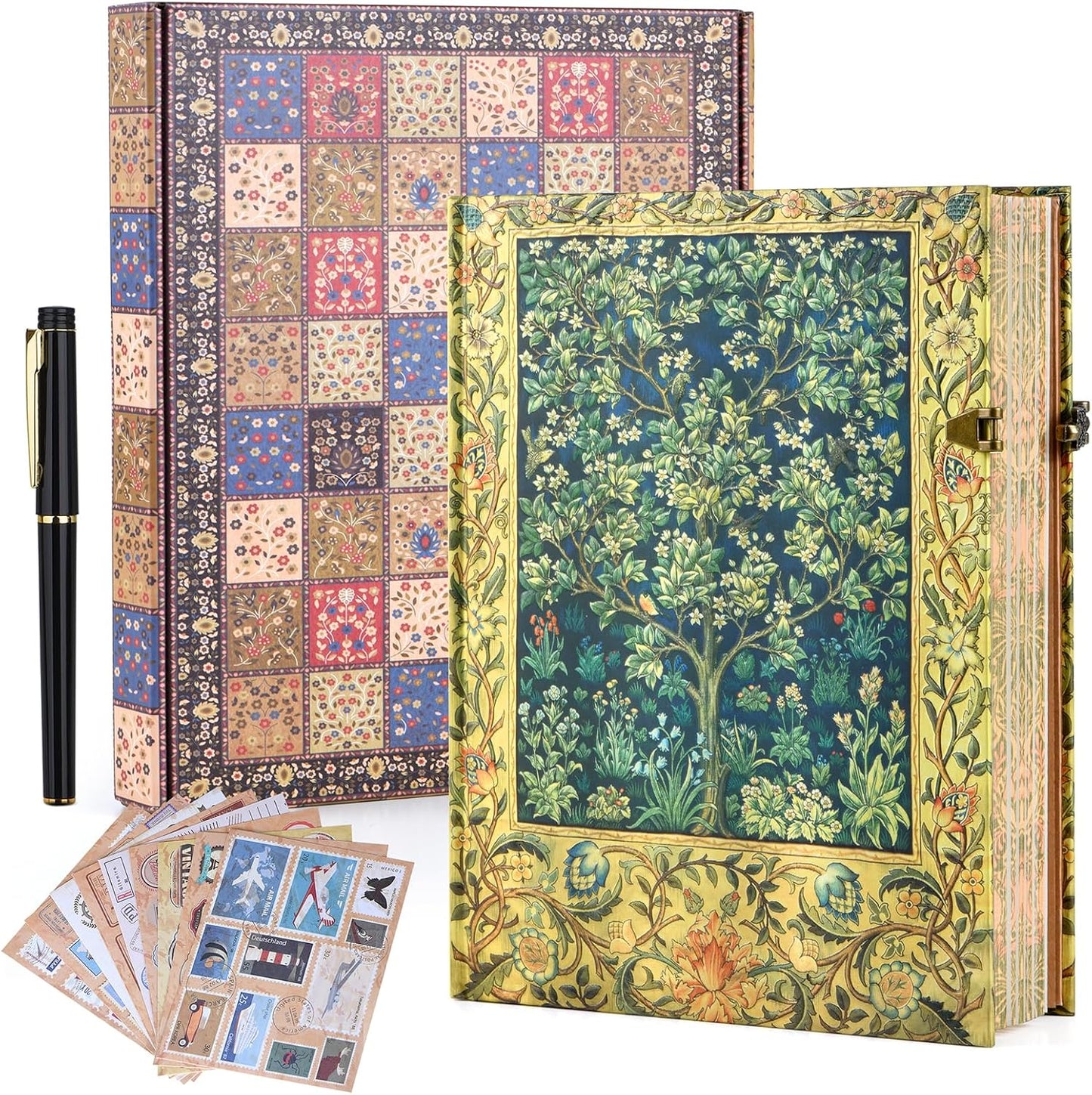 Retro 3D Happiness Tree Hot Stamp Hardcover Journal - 192 Blank Lined Pages/Envelope Pocket - Luxury Travel Diary & Commemorative Keepsake for Cherished Moments