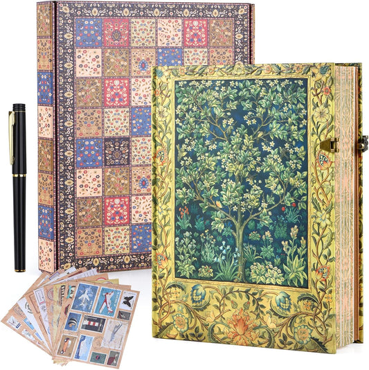 Retro 3D Happiness Tree Hot Stamp Hardcover Journal - 192 Blank Lined Pages/Envelope Pocket - Luxury Travel Diary & Commemorative Keepsake for Cherished Moments