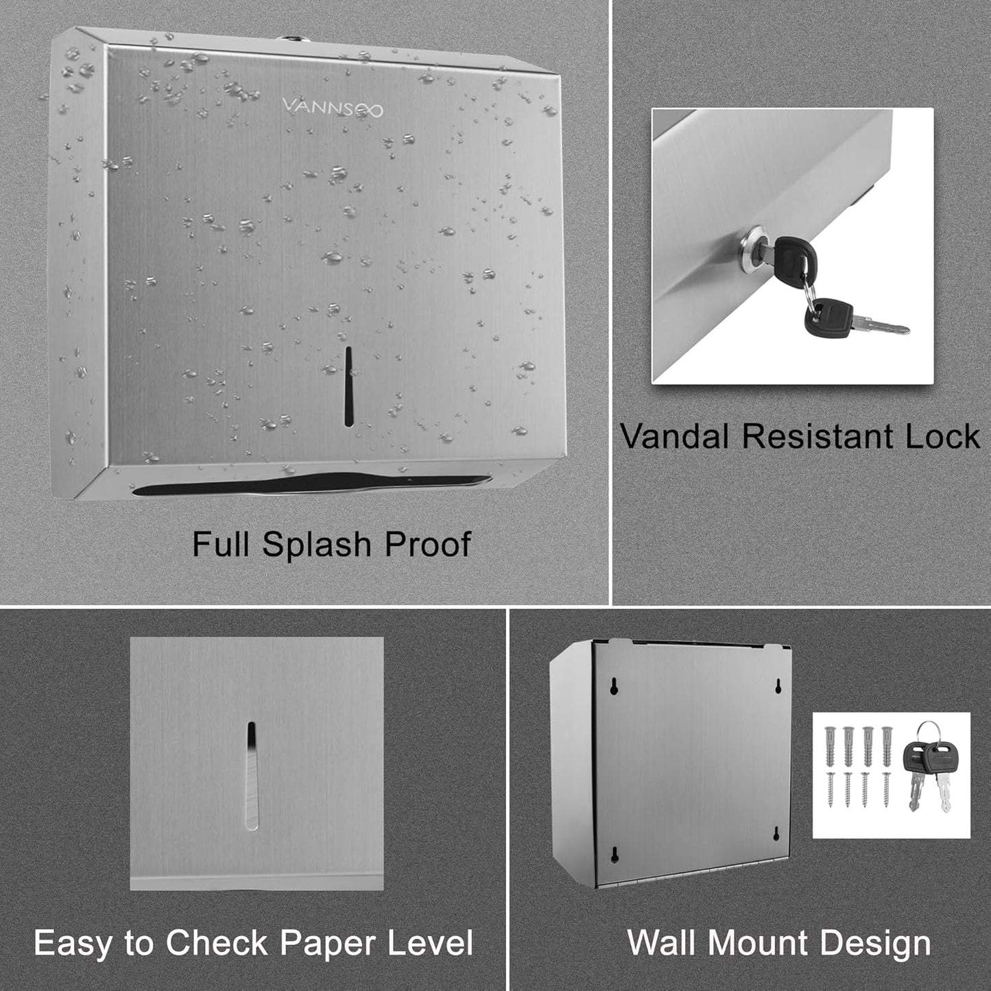 Commercial Paper Towel Dispenser Wall Mount Bathroom, 250 C Fold / 300 Multifold Stainless Steel Paper Towel Holder Hand Towel Dispenser Toilet Paper Dispenser Home (Brushed)