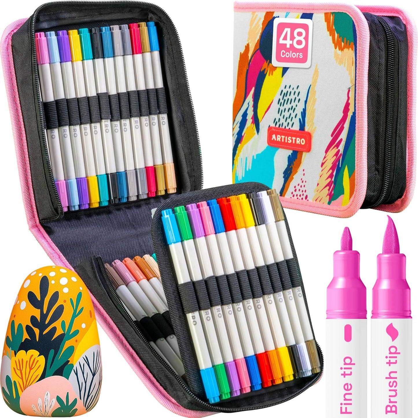 ARTISTRO 48 Dual Tip Fabric Markers - Acrylic Drawing Markers for All Ages & Levels - Fabric Paint Pens for Personalizing Clothes, T Shirts, Bags, Canvas, Textiles (Brush + Fine)
