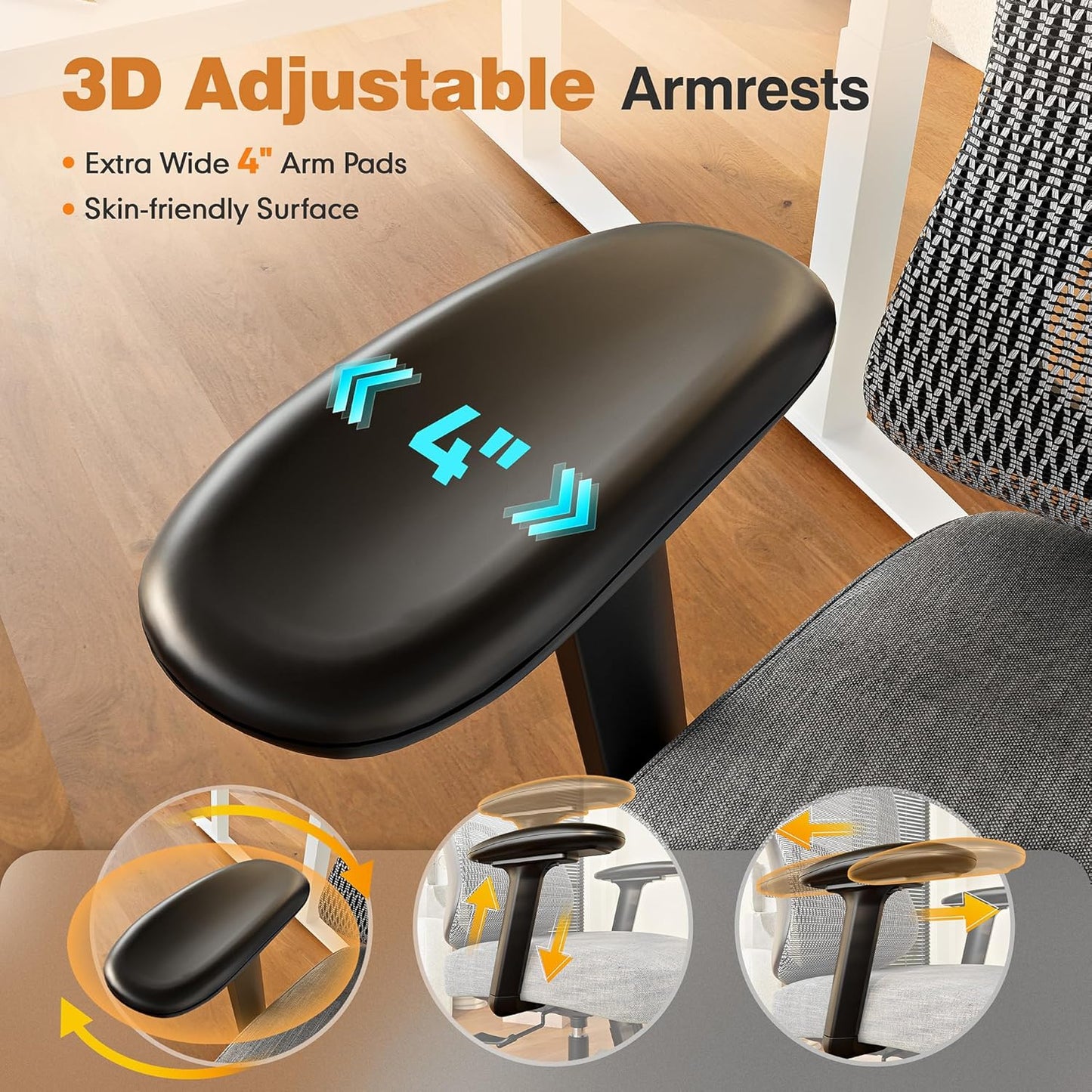 ELABEST Ergonomic Office Chair,Home Desk Chair with Mesh Back,Adjustable Lumbar Support,Built-in Springs Wide Seat,Executive Task Chair with 3-D Big Armrests,Tilt Function,Computer Desk Chair (Grey)