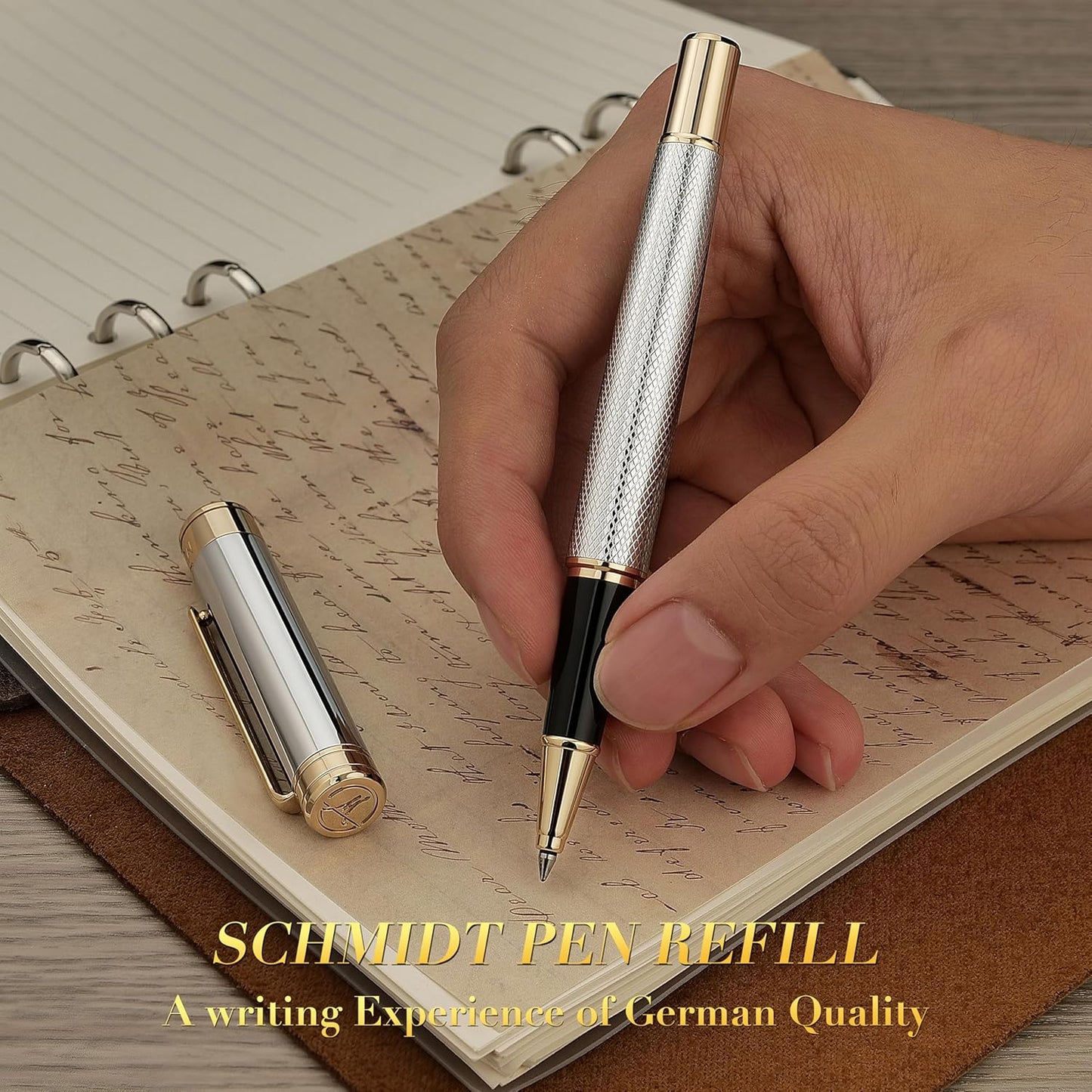 Silver Chrome Rollerball Pen, Stunning Luxury Pen with Mesh Texture Design、Silver Chrome Finish and 24K Gold Accents, Nice Gift Set for Men & Women, Business, Executive, Office, Fancy Pens