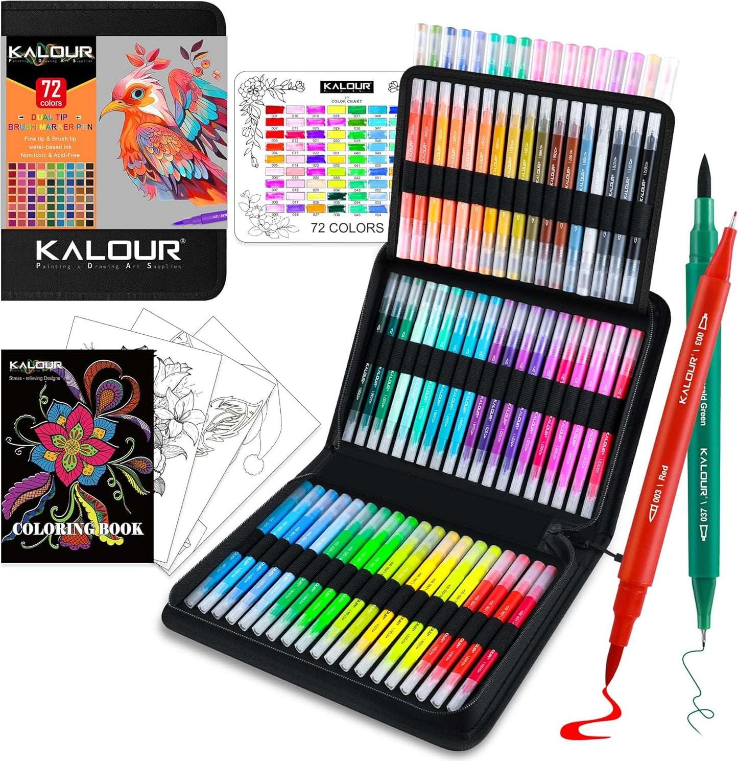KALOUR 72 Art Markers Pens Set, Dual Tip Brush and Fine Point, Color Number and Name, Zipper Case, Adult Coloring, Lettering, Drawing