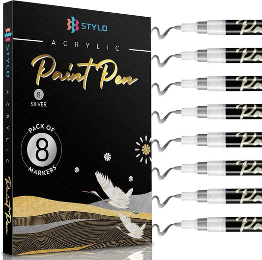 Stylo 8 Count Acrylic Metallic Pens - Silver Paint Pens - Fine Tip Permanent Acrylic Metallic Paint Markers for Rock Painting, Glass, Wood, Ideal for Arts and Crafts (Pack of 8, Silver)