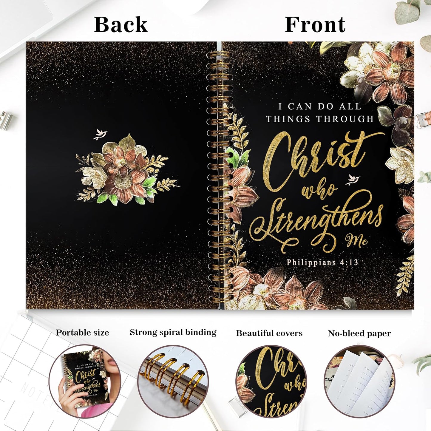 Bible Notebook, A5 Spiral Christian Journal with Floral Notebook, Bible Verse-I Can Do All Things Through Christ Who Strengthens Me, Inspirational Notebooks for Women, Gift for Birthday Christmas