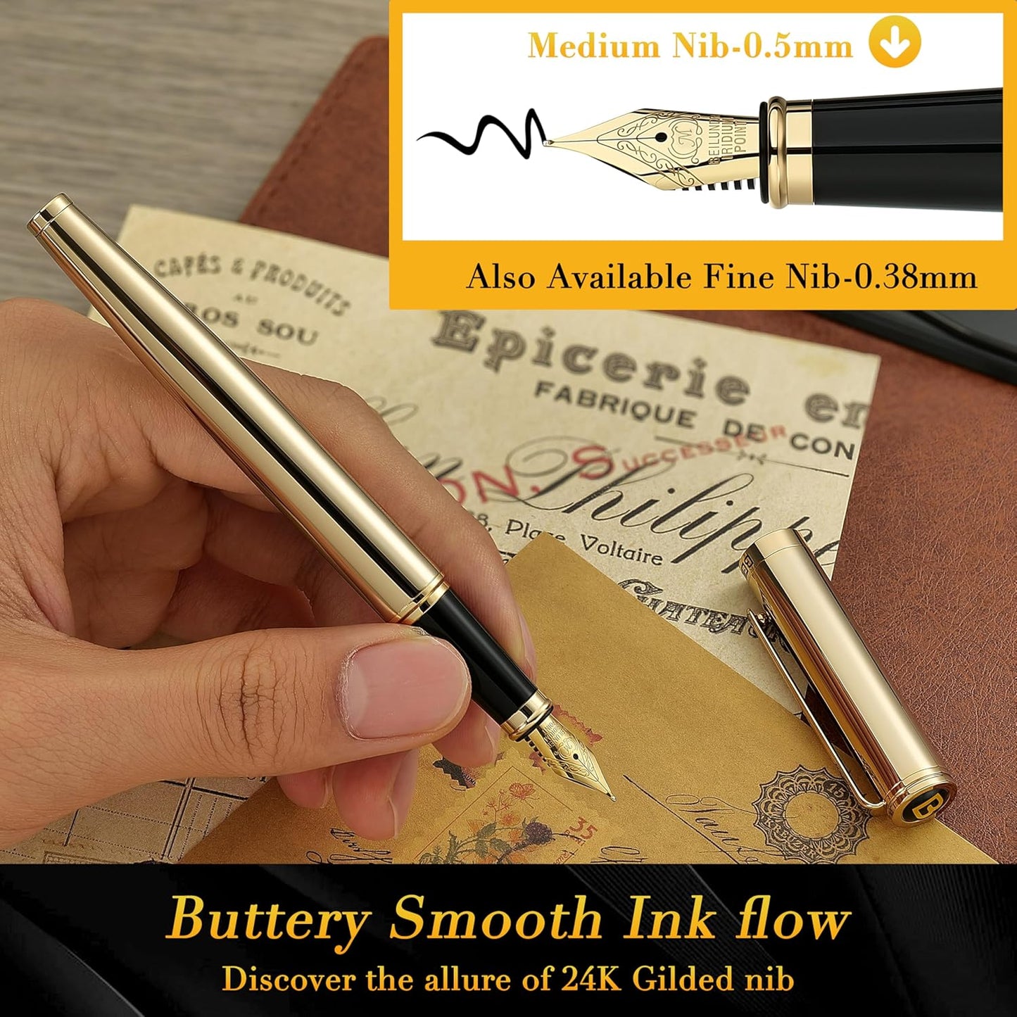 BEILUNER Gold Fountain Pen,Stunning Luxury Pens with 24K Gold Finish, Gorgeous 24K Gilded Nib(Medium), Ink Converter,Fancy Pen Gift for Men&Women-Elegant, Office, Professional, Reliable, Nice Design