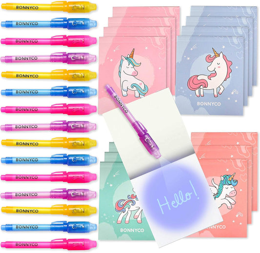 BONNYCO Invisible Ink Pen and Notebook Pack 16 Unicorn Party Favors for Kids, Magic Spy Pen Goodie Bags Stuffers for Kids, Unicorn Birthday Party Supplies, Goody Bag Stuffers | Return Gifts Prizes