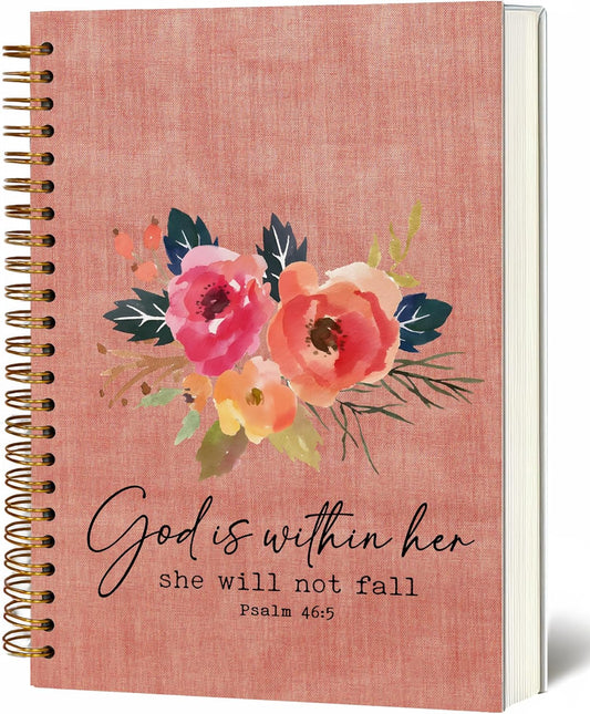Bible Notebook, A5 Spiral Christian Journal Pink Floral Notebook, Bible Verse-God is Within Her She Will Not Fall, Inspirational Notebooks for Women, Bible Study, Gift for Birthday Christmas