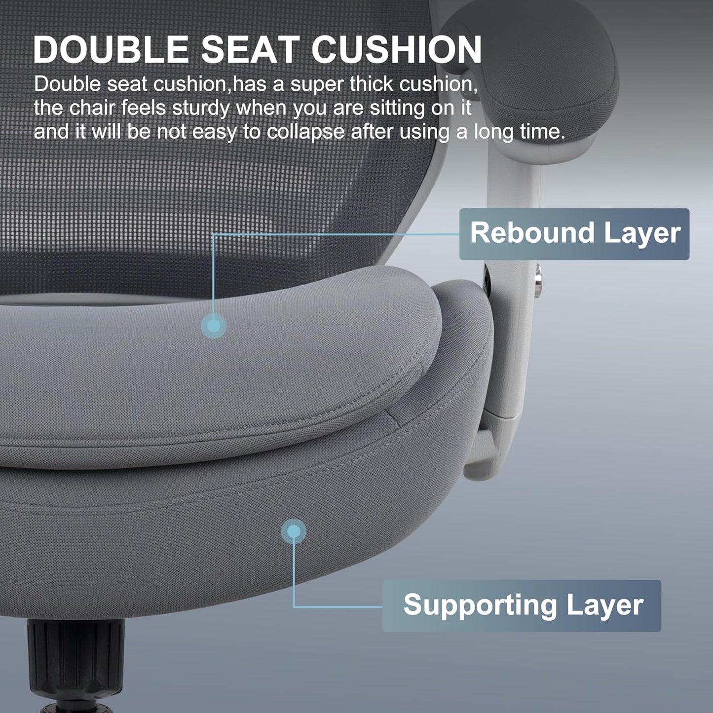 400lbs Double Seat Cushion Office Chair Soft Armrests Executive Ergonomic Computer Desk Chair with Lumbar Support (Grey Frame Grey Fabric)