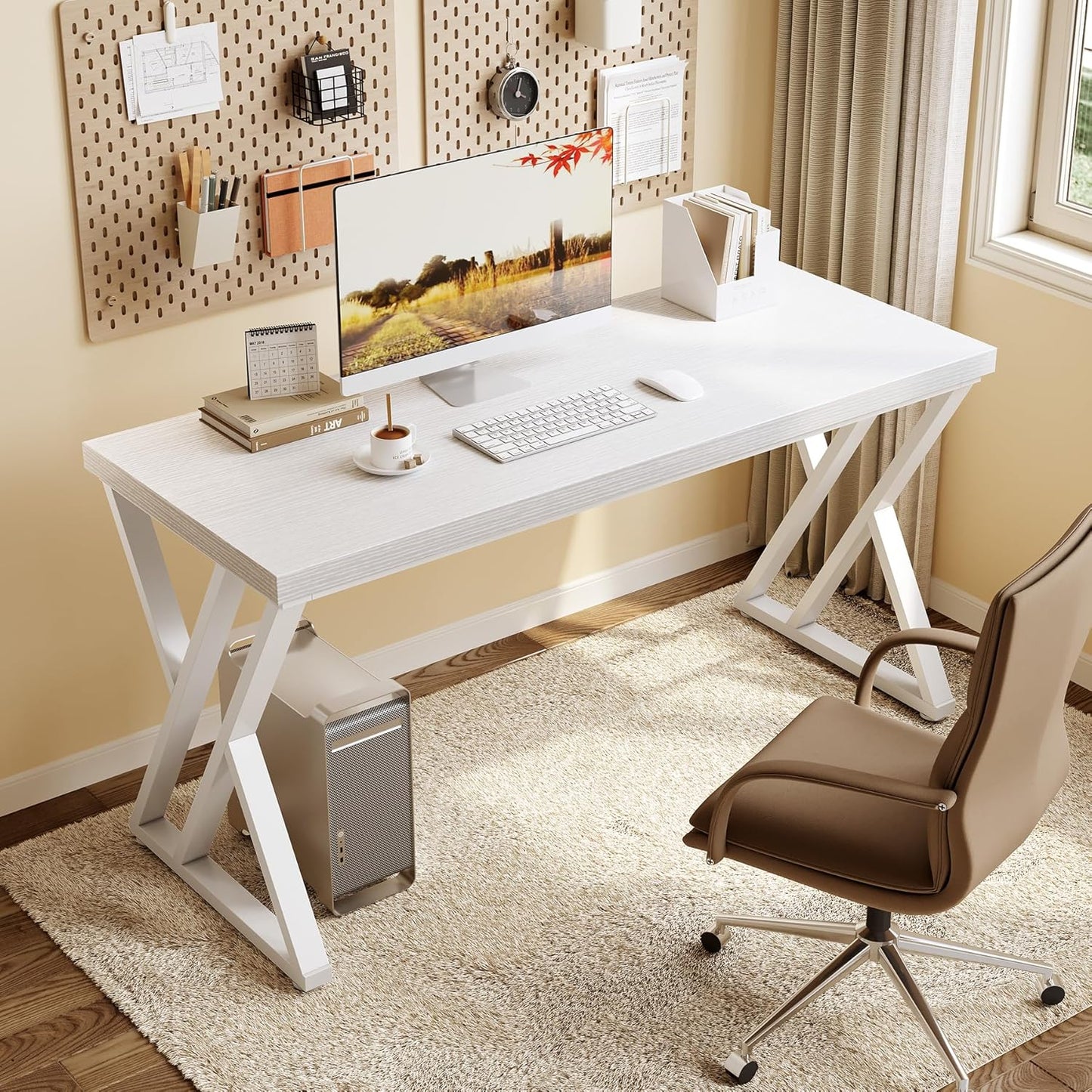 LITTLE TREE 55 Inch Large Simple Industrial Computer Desk Study Writing Table Home Office Workstation,White