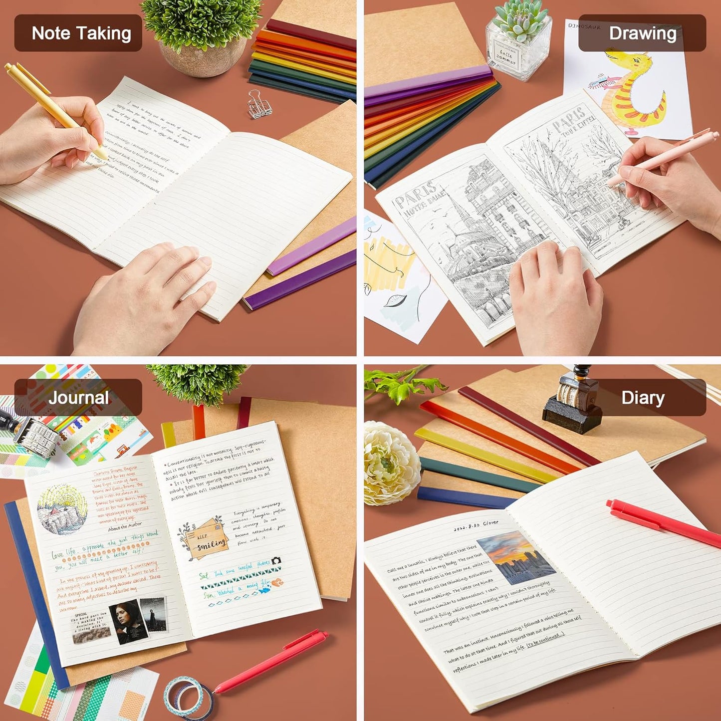 feela 56 Pack Composition Notebooks Bulk, Kraft Cover Lined Blank College Ruled Composition Travel Journals with Jewel Tone Spines For Women Students, 60 Pages, 8.3”x 5.5”, A5, 8 Vintage Colors