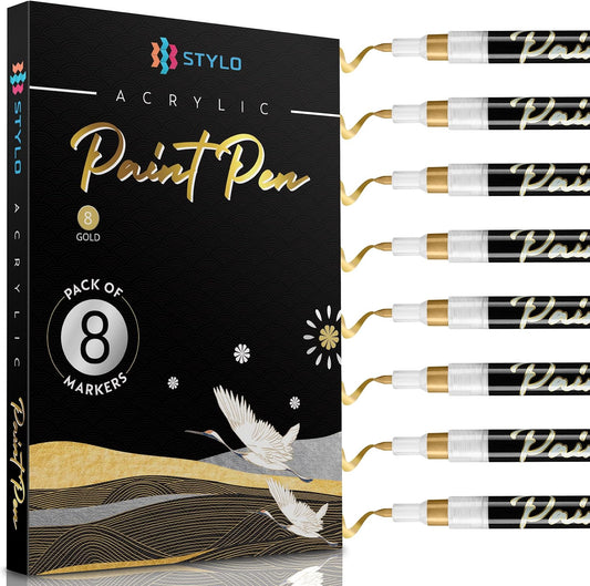 Stylo 8 Count Acrylic Metallic Pens - Gold Paint Pens - Fine Tip Permanent Acrylic Metallic Paint Markers for Rock Painting, Glass, Wood, Ideal for Arts and Crafts (Pack of 8, Gold)