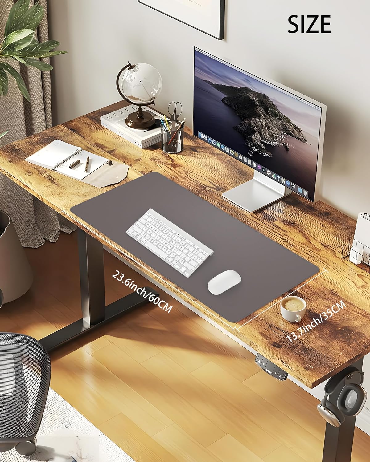 Desk Pad Mat 23.6"x13.7" - Waterproof Mouse Pad & Desk Protector, Non-Slip PU Leather for Gaming Keyboard/Mouse, Stitched Edge XL Office Desk Pad with Ergonomic Support(Dark Grey)