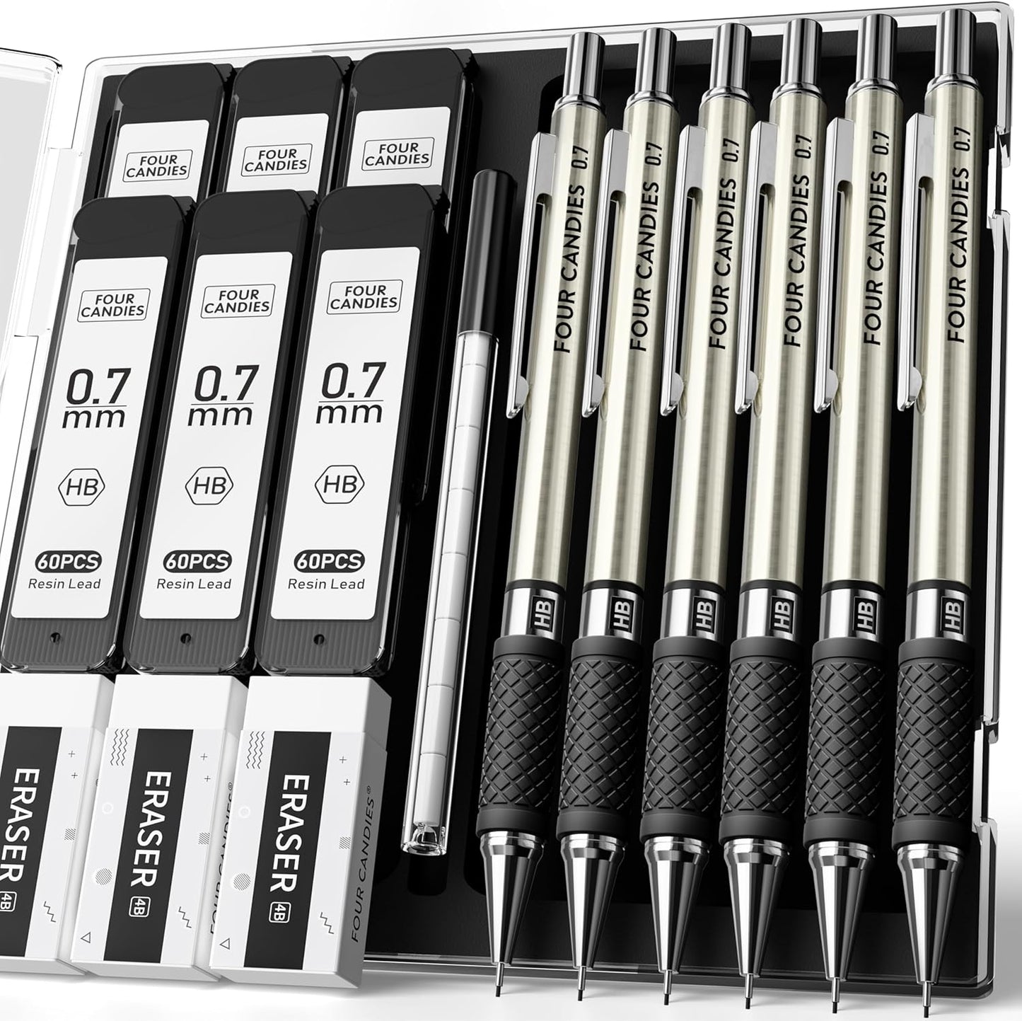 Four Candies Metal Mechanical Pencil Set - 6PCS 0.7mm Art Mechanical Pencils & 360PCS HB Lead Refills & 3PCS Erasers & 9PCS Eraser Refills, Drawing Mechanical Pencils for Writing, Sketching/With Case