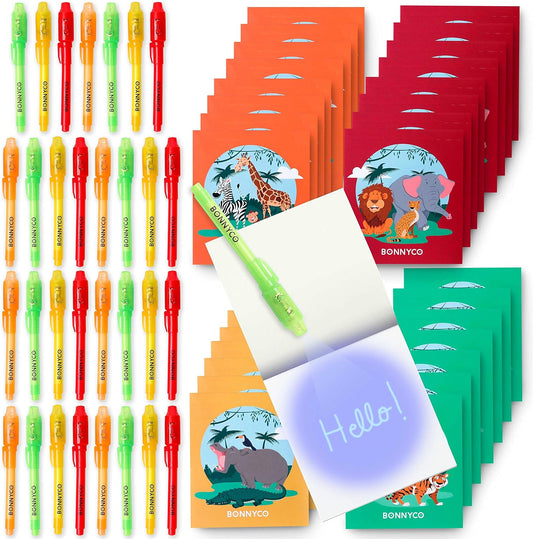 BONNYCO Invisible Ink Pen and Notebook Pack 32 Safari Party Favors for Kids Magic Spy Pen Goodie Bags Stuffers for Kids | Jungle Goody Bag Stuffers Return Gifts Birthday, Classroom Prizes Students