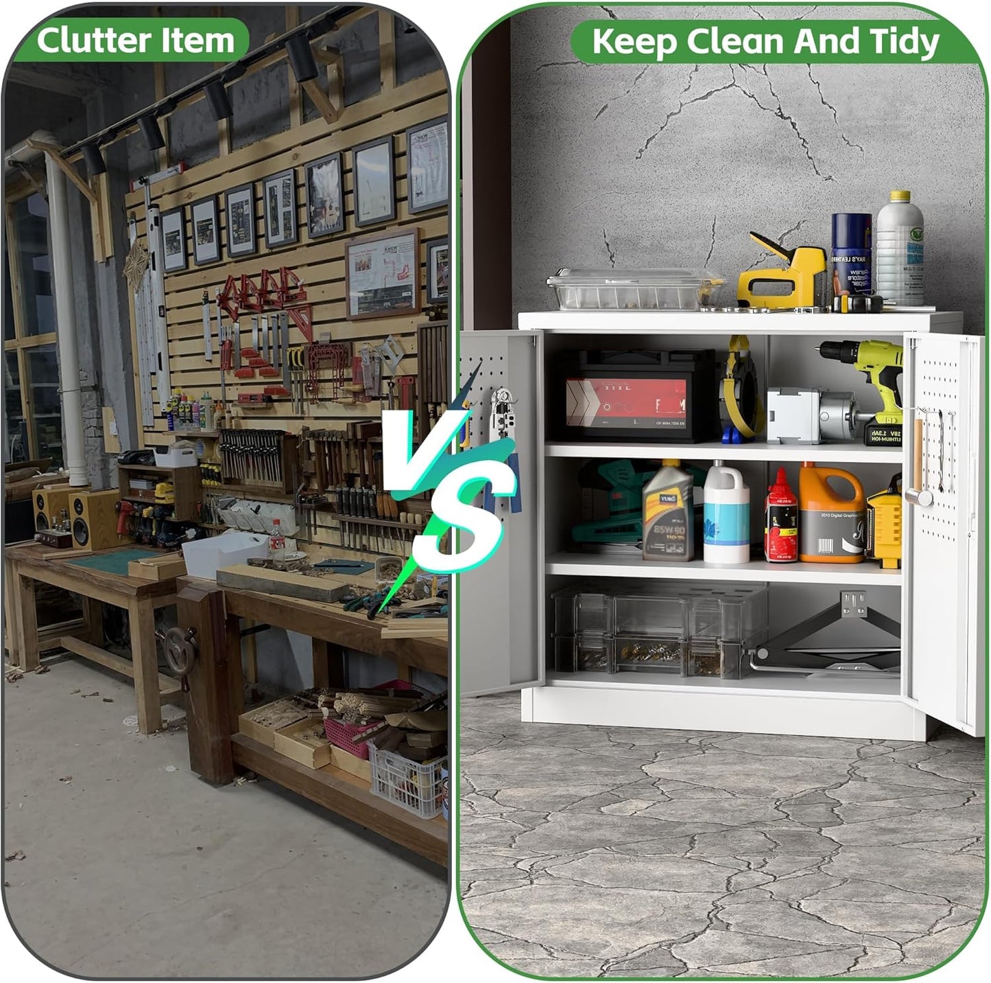 Aobabo 31.5" H Small Garage Storage Cabinet with Pegboard,Lockable File Storage Cabinet with 2 Adjustable Shelves for Garage, Office, School, Assembly Require, White