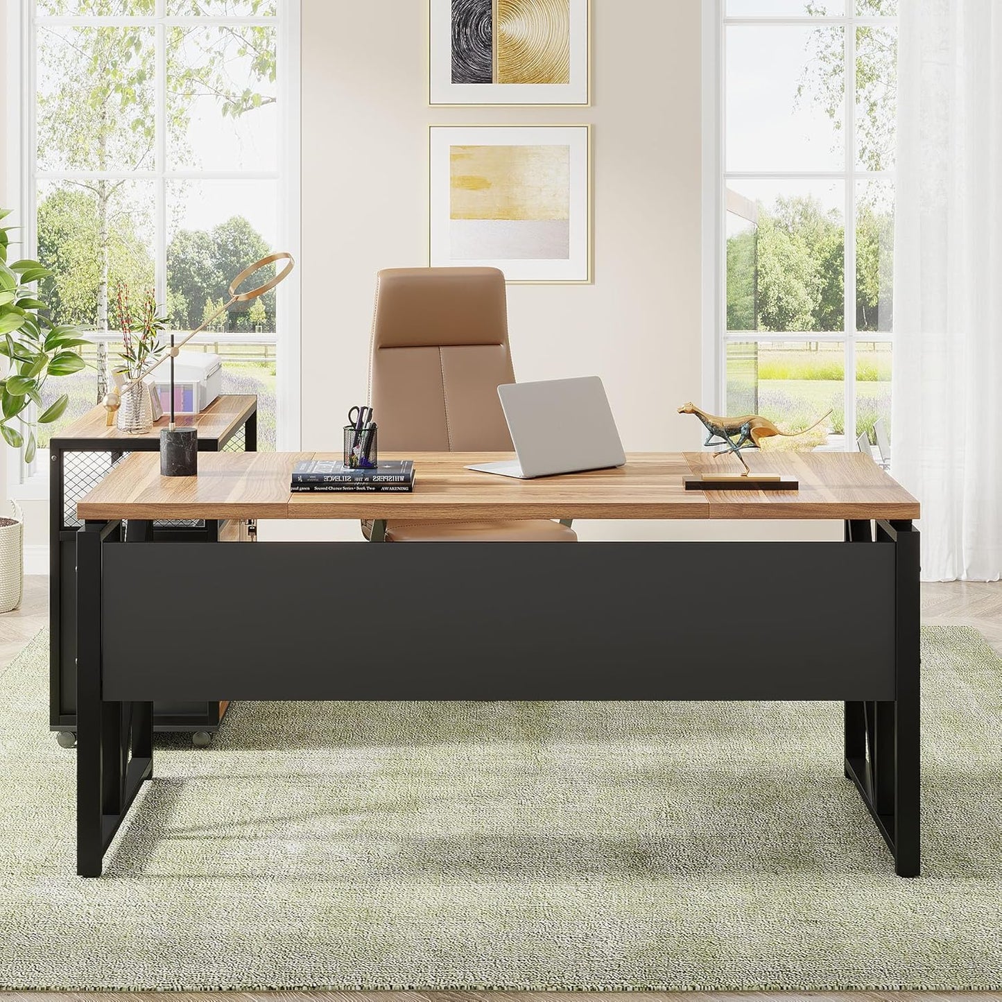 Tribesigns 63" L Shaped Desk with Drawer Cabinet, Executive Computer Desk and lateral File Cabinet, 2 Piece Home Office Furniture with Drawers for Hanging File, Doors with Locks (Brown, 63 inches)