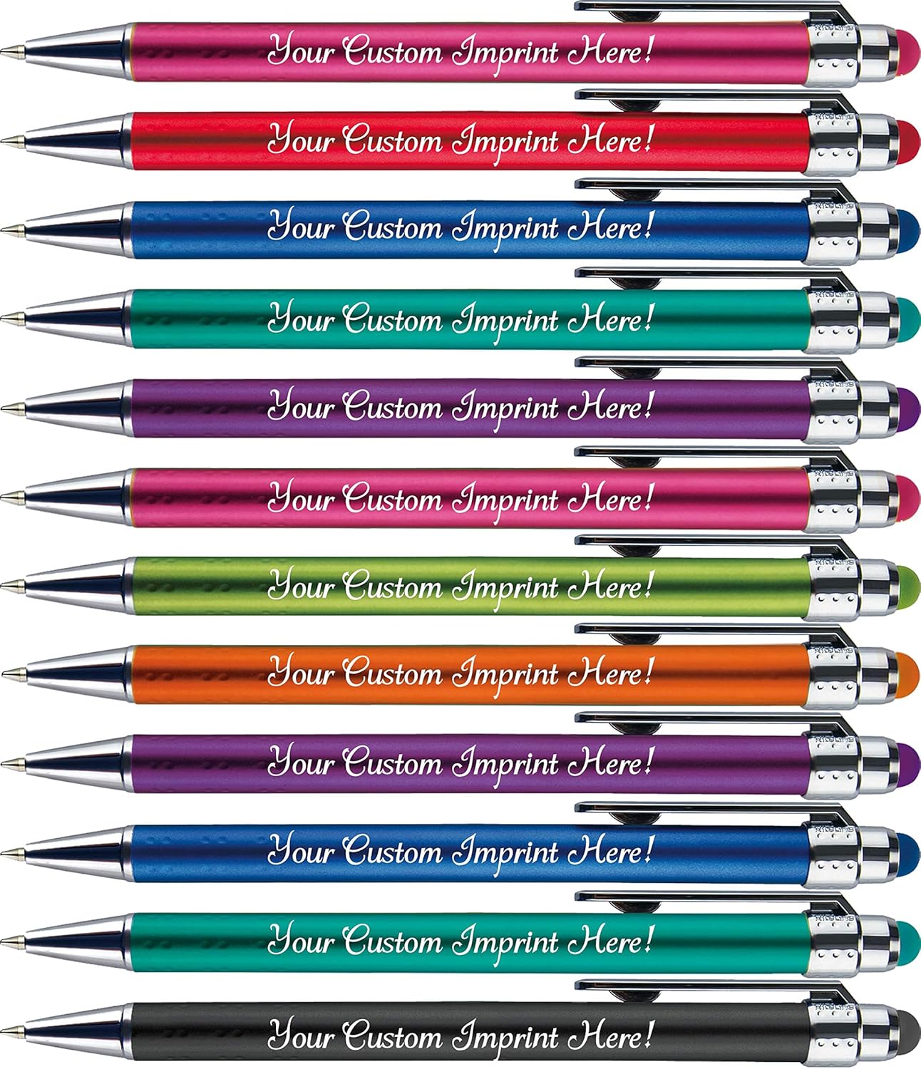 Personalized Pens with Stylus Tip -Bright Vibes- Click action - Custom - Black writing - Printed Name pens - Imprinted with Your Logo or Message - FREE PERSONALIZATION - 12 Pens/Box (Silver)