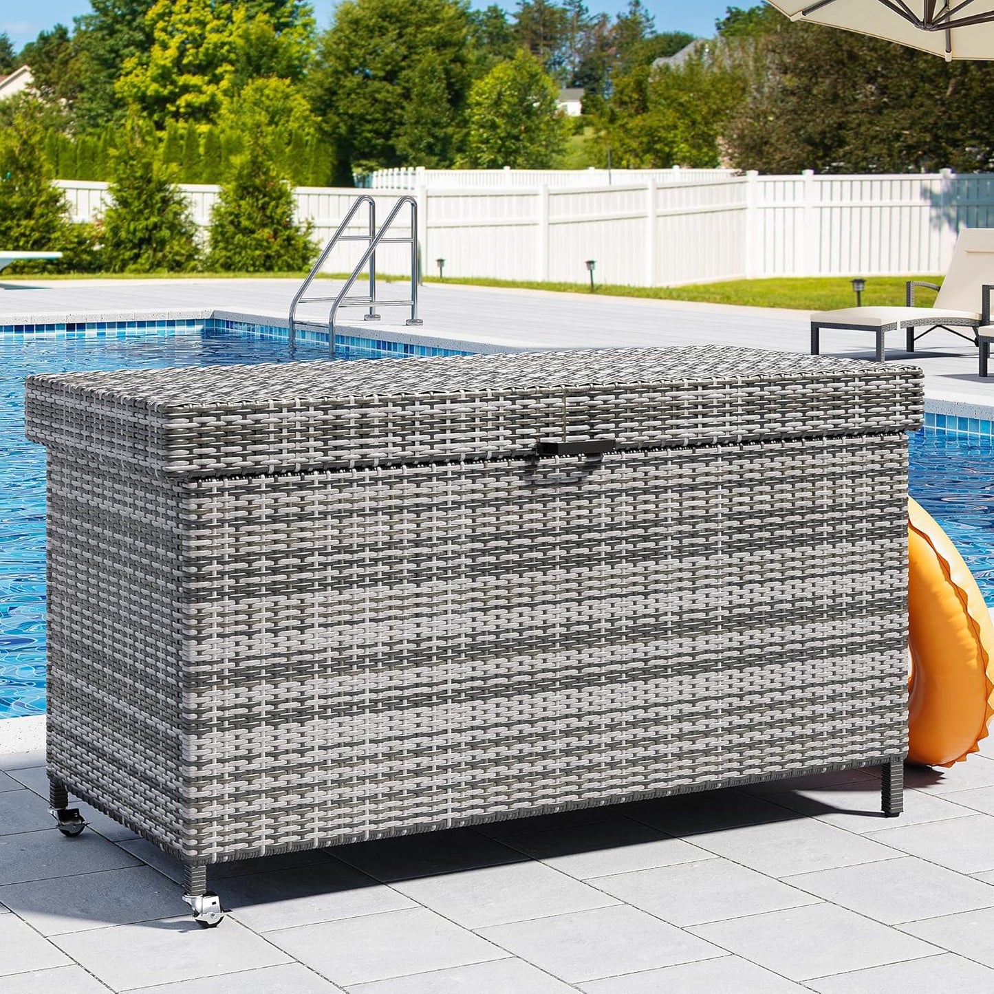 YITAHOME 200 Gallon Large Wicker Deck Box w/Storage Net, Rattan XL Outdoor Storage Box Patio Cushion Storage, Patio Storage Box for Garden Tools, Pool Sports Equipment (Grey)