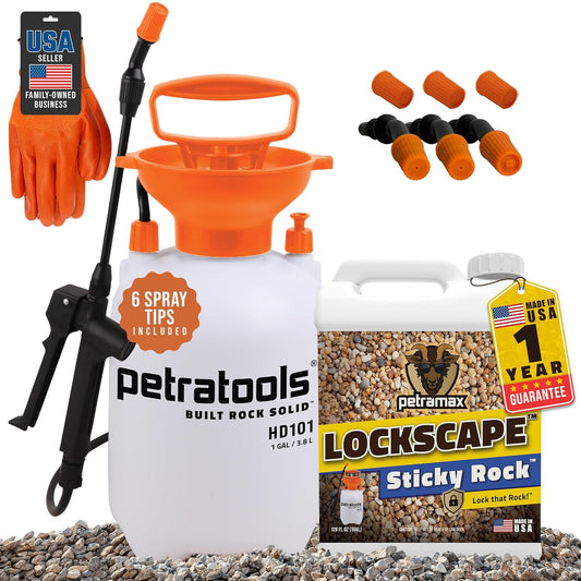 Lockscape Sticky Rock or Sticky Mulch Glue for Landscaping with Sprayer 1 Gallon, Max Rock Glue for Landscape & PetraTools HD101 Bundle, Lockdown Gravel or Mulch for Landscaping Hold (Stone)