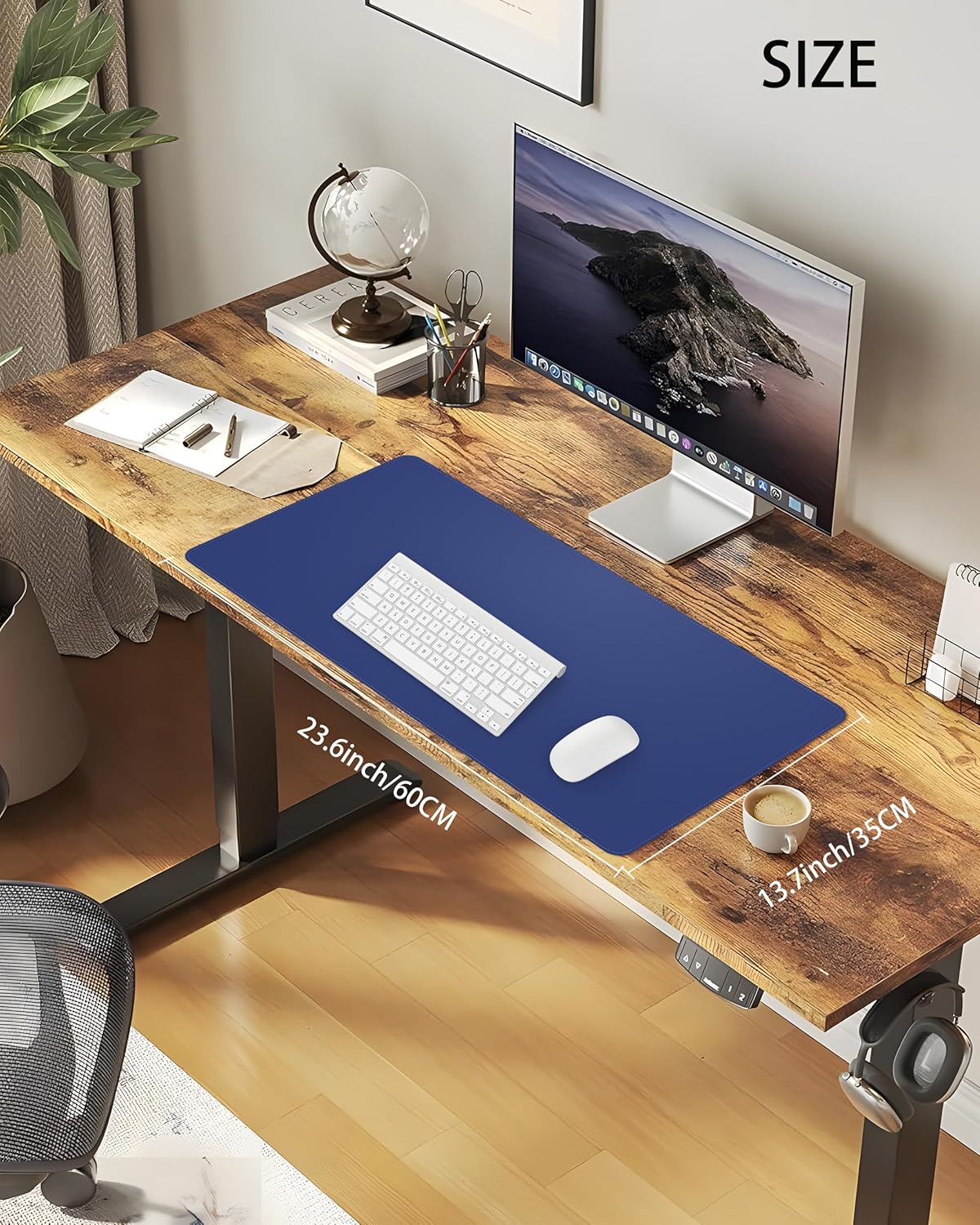 Desk Pad Mat 23.6"x13.7" - Waterproof Mouse Pad & Desk Protector, Non-Slip PU Leather for Gaming Keyboard/Mouse, Stitched Edge XL Office Desk Pad with Ergonomic Support(Blue)