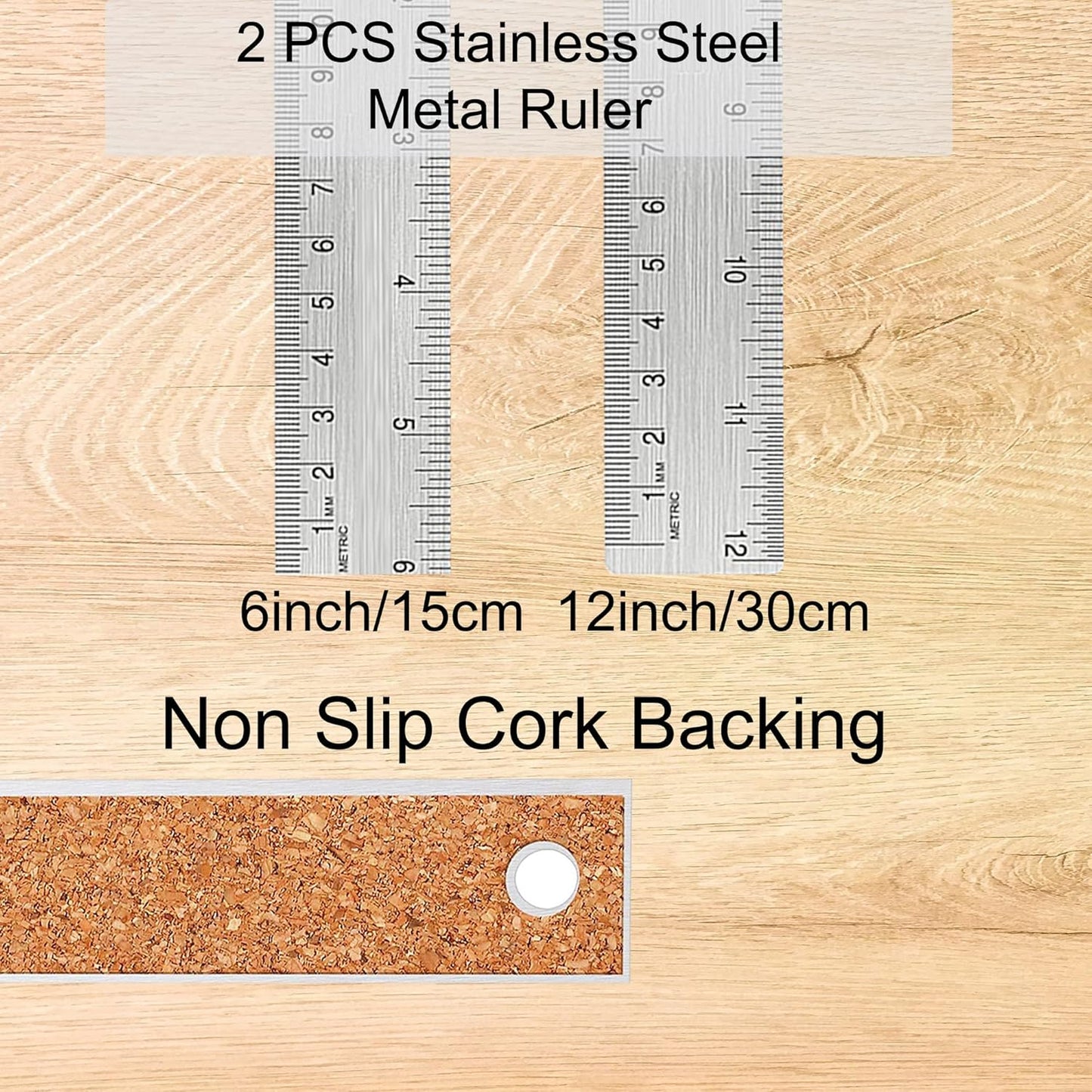 Metal Ruler with Cork Backing: 6+12 Inch Stainless Steel Non-Slip Ruler with Inch and Centimeters