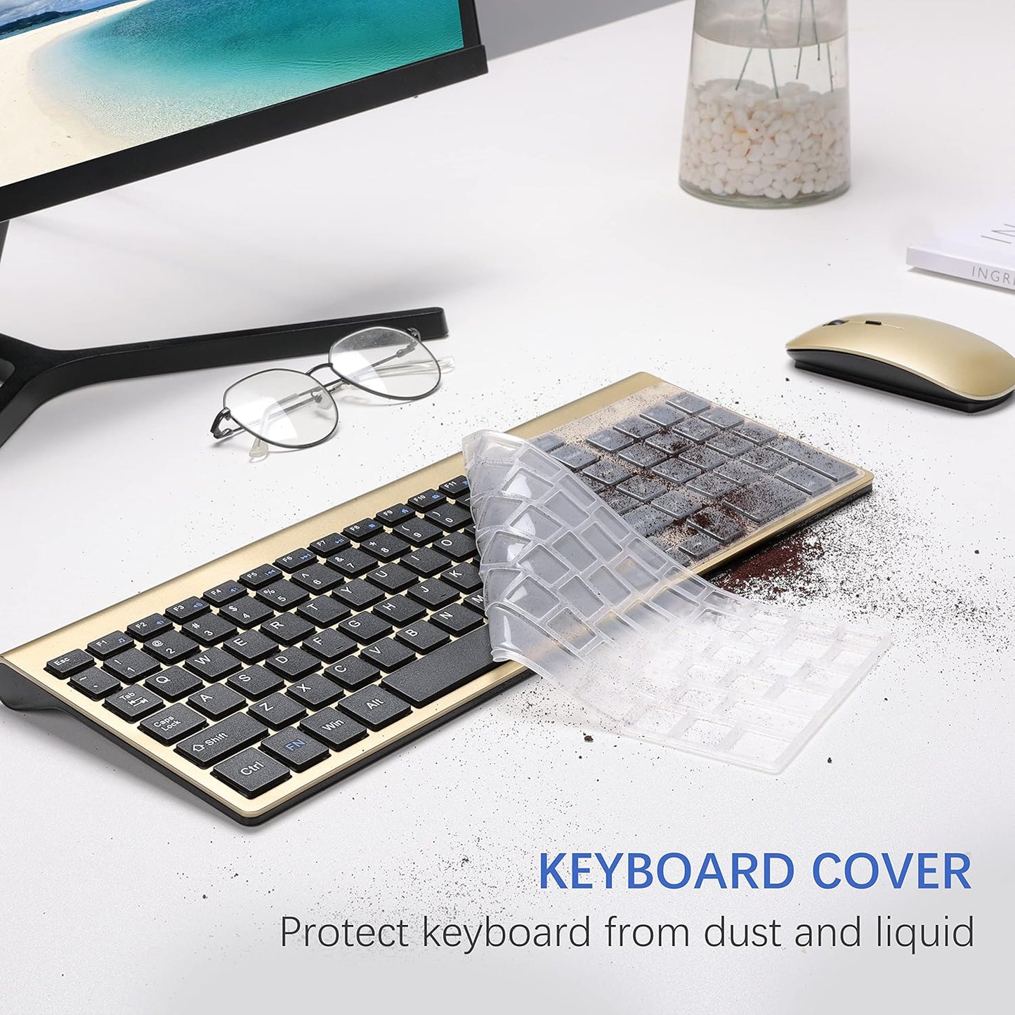 Wireless Keyboard and Mouse Ultra Slim Combo, TopMate 2.4G Silent Compact USB 2400DPI Mouse and Scissor Switch Keyboard Set with Cover, 2 AA and 2 AAA Batteries, for PC/Laptop/Windows/Mac - Gold Black