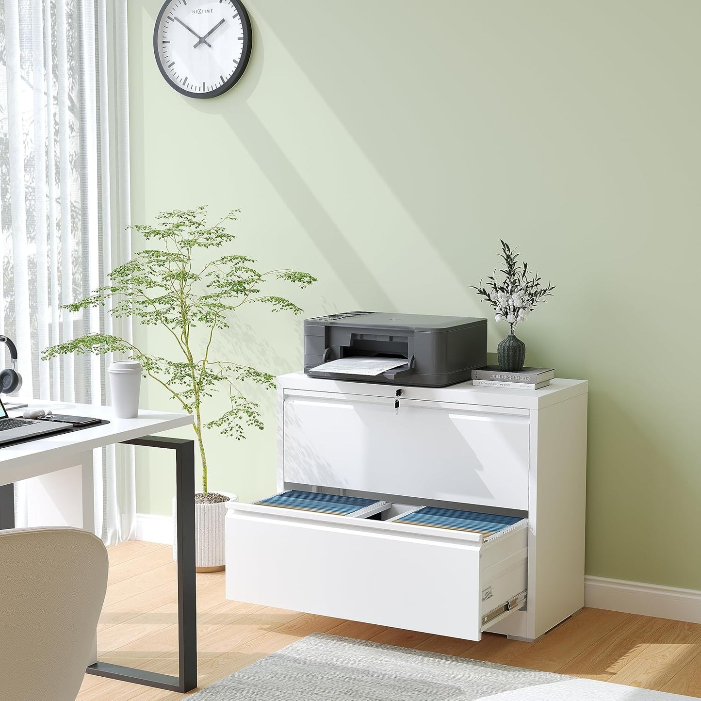 2 Drawer Lateral File Cabinet with Lock, Metal Filing Cabinets for Home Office, Steel Storage Wide File Cabinet for Letter/Legal/F4/A4 Size with Hanging Bars, Assembly Required (White)