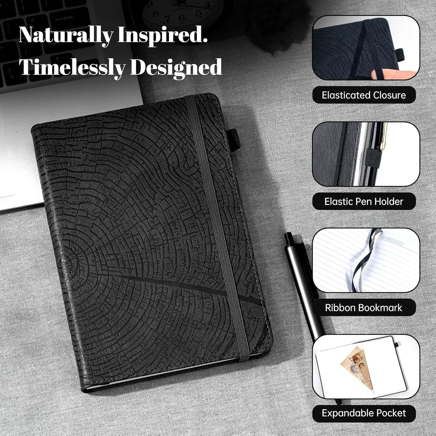 CAGIE Lined Journal for Men Women, Tree Growth Ring Leather Bound Journal Notebook, 256 Pages 100 GSM Journals for Writing, A5 Hardcover Journaling Notebooks,2 Pack (Brown & Black)