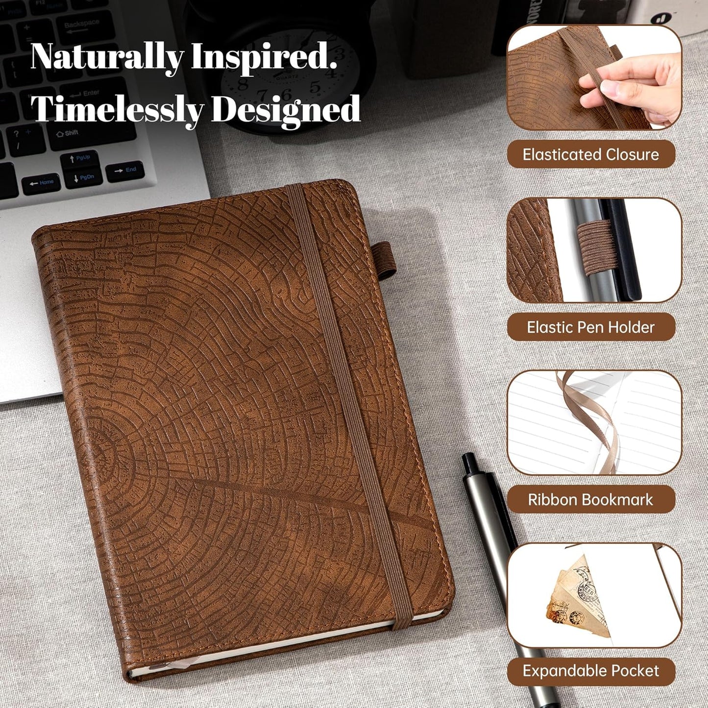 CAGIE Lined Journal for Men Women, Tree Growth Ring Leather Bound Journal Notebook, 256 Pages 100 GSM Journals for Writing, A5 Hardcover Journaling Notebooks,2 Pack (Brown & Brown)