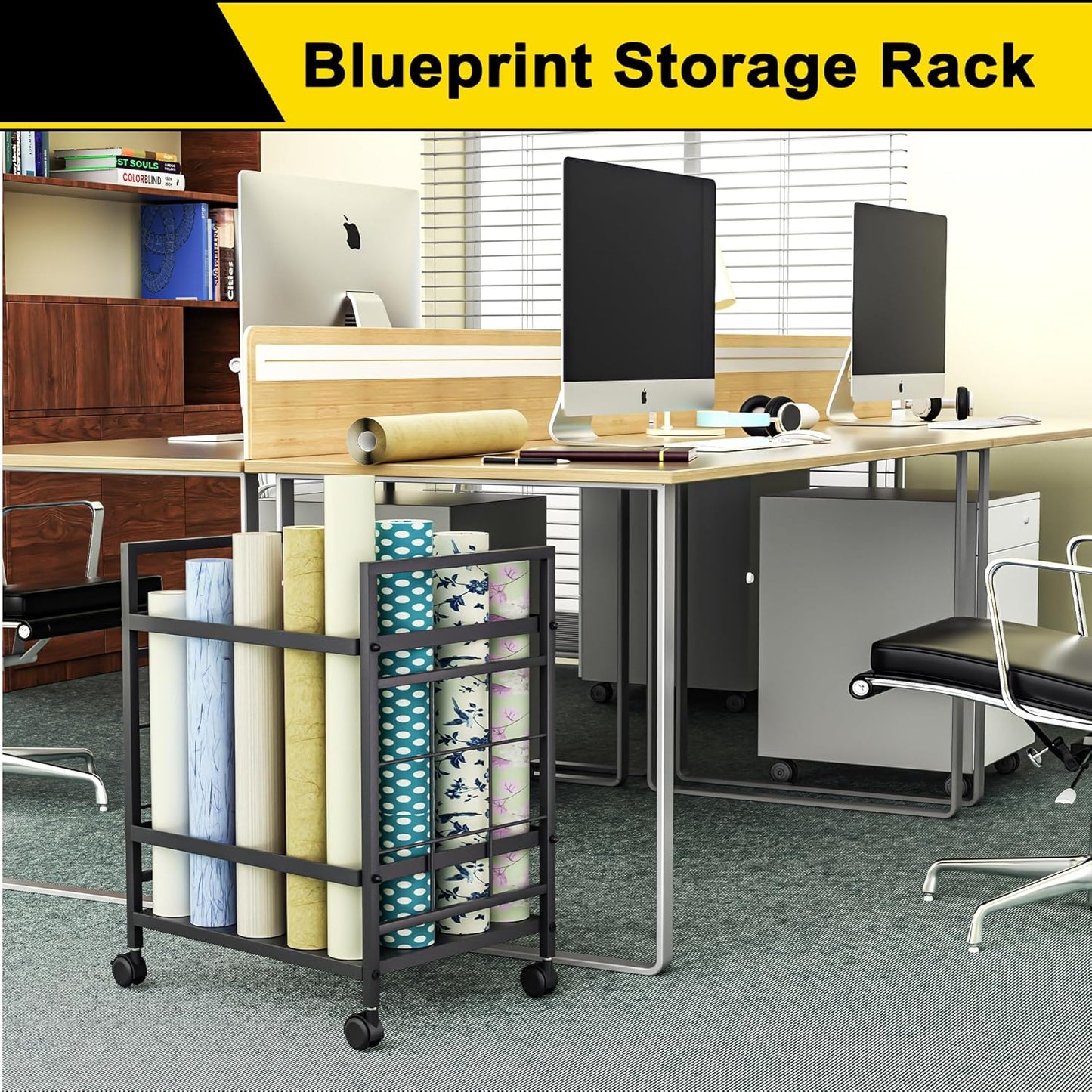 Blueprint Storage Rack, Blueprint Holder with Wheels, Used for Storing Blueprint/Carpet/Map/Poster/Architectural Construction Plan, 20 Slots(3.2" x 3.2"), Silent wheel for Home, Office, School(Black)