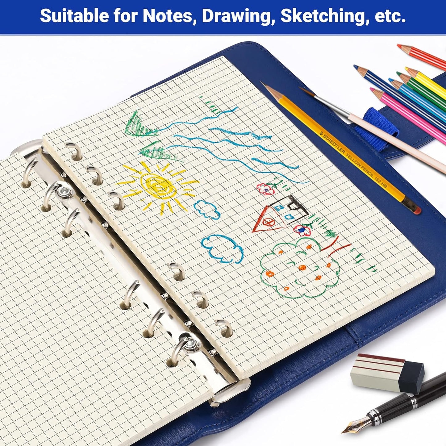 A6 Grid-Ruled Refill Paper, 100gsm Thick Beige No-Bleed Sheets (80-Pack), Pre-Punched – Fits A6 6-Ring Binders for Office, School & Teachers