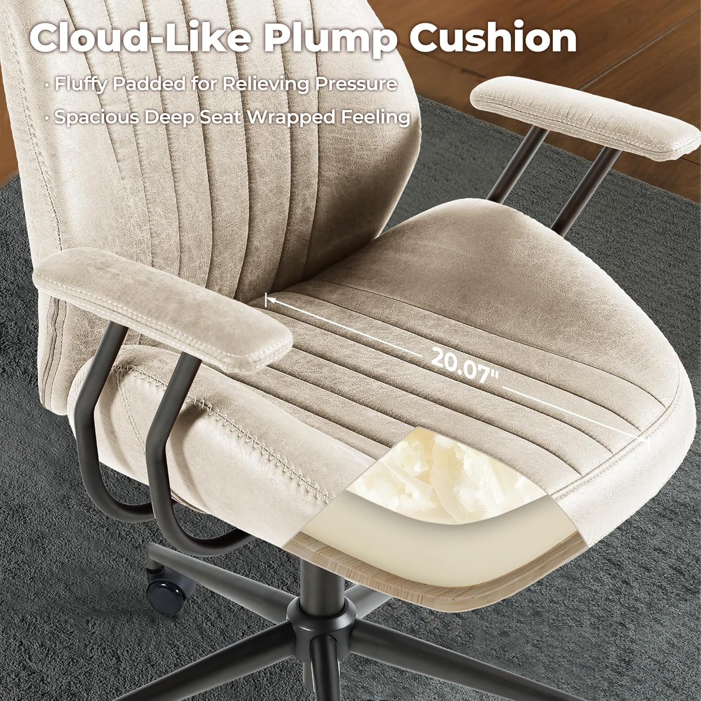 ovios Ergonomic Home Office Chair, Mid-Century Modern Faux Leather Chairs with Padded Armrests, Comfy High Back Swivel Rolling Executive Computer Armchair (Beige, Suede Leather)