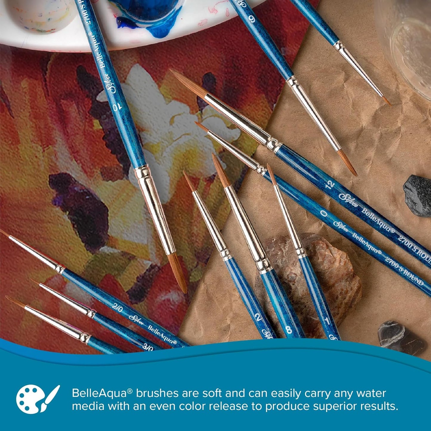 Silver Brush Limited BA-2706S BelleAqua Larger Size Round Watercolor Brush Set, 5pc Professional Short Handle Premium Soft Synthetic Red Sable Round Paint Brush Set, Sizes 6, 8, 10, 12, and 16