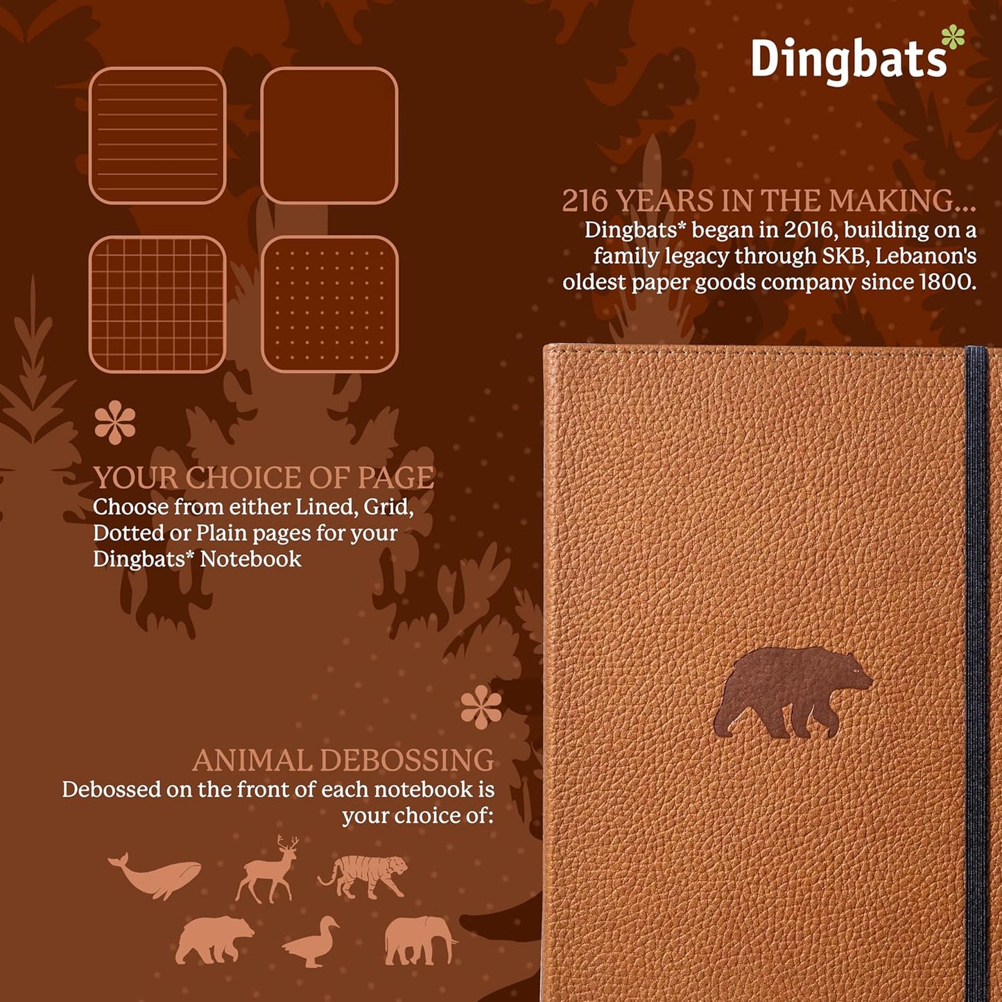 Dingbats* Wildlife Plain Journal Notebook A5 - Vegan Leather Hard Cover, Ideal for Work, Travel - Pocket, Elastic Closure, Bookmark