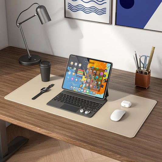 DAWNTREES Desk Mat Protector,PU Leather Laptop Pad,Non Slip, 23.6" x 13.8" Large Mouse Pad and Keyboard Mat, Waterproof Writing Pad for Office and Home (Beige)
