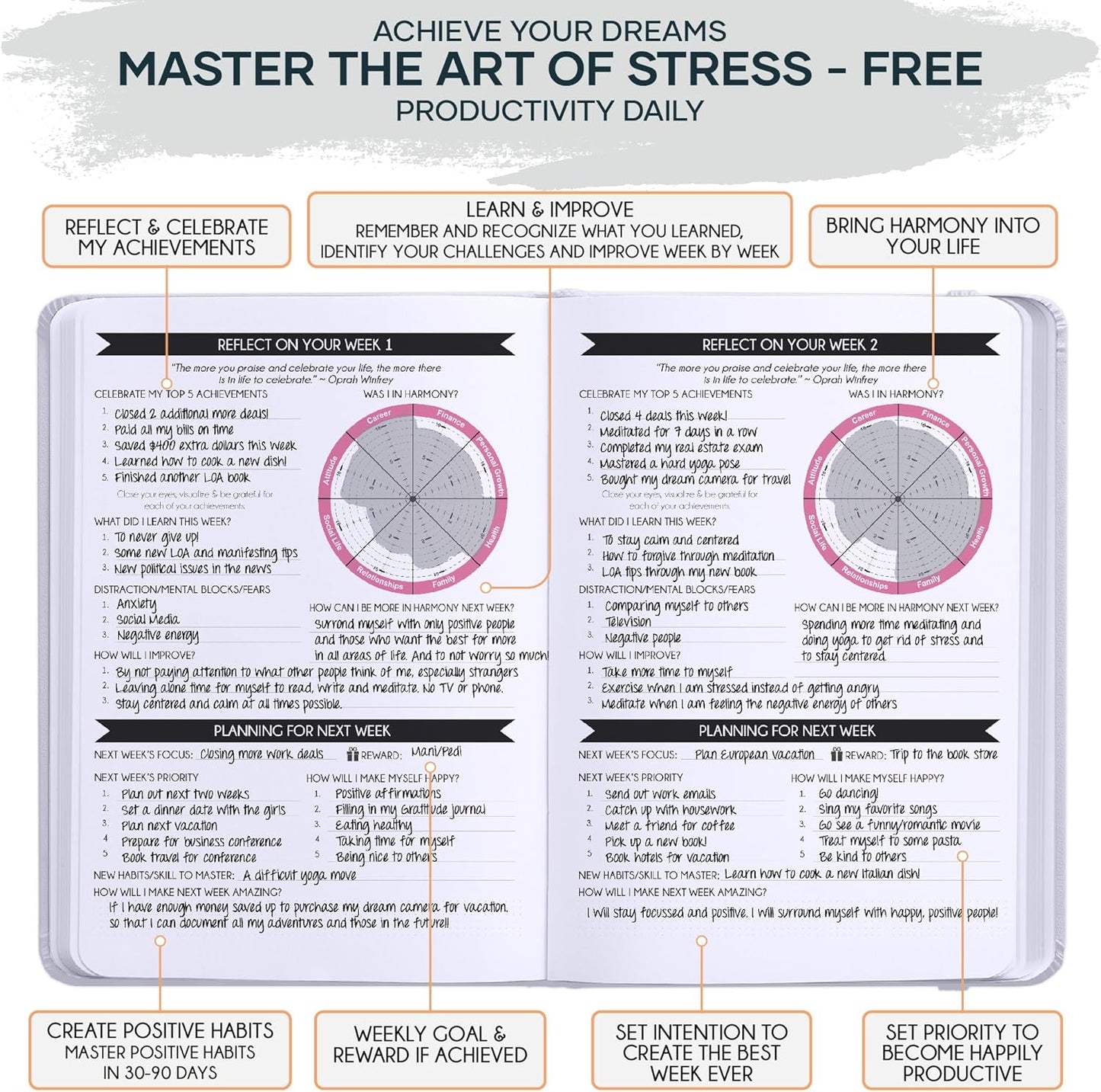 Adhd Daily Planner - A Self Care Personal Gratitude Journal to Increase Productivity and Success in Life & Work, Weekly & Monthly Undated Planner for Women and Men, Vision Board & Organizer + Stickers